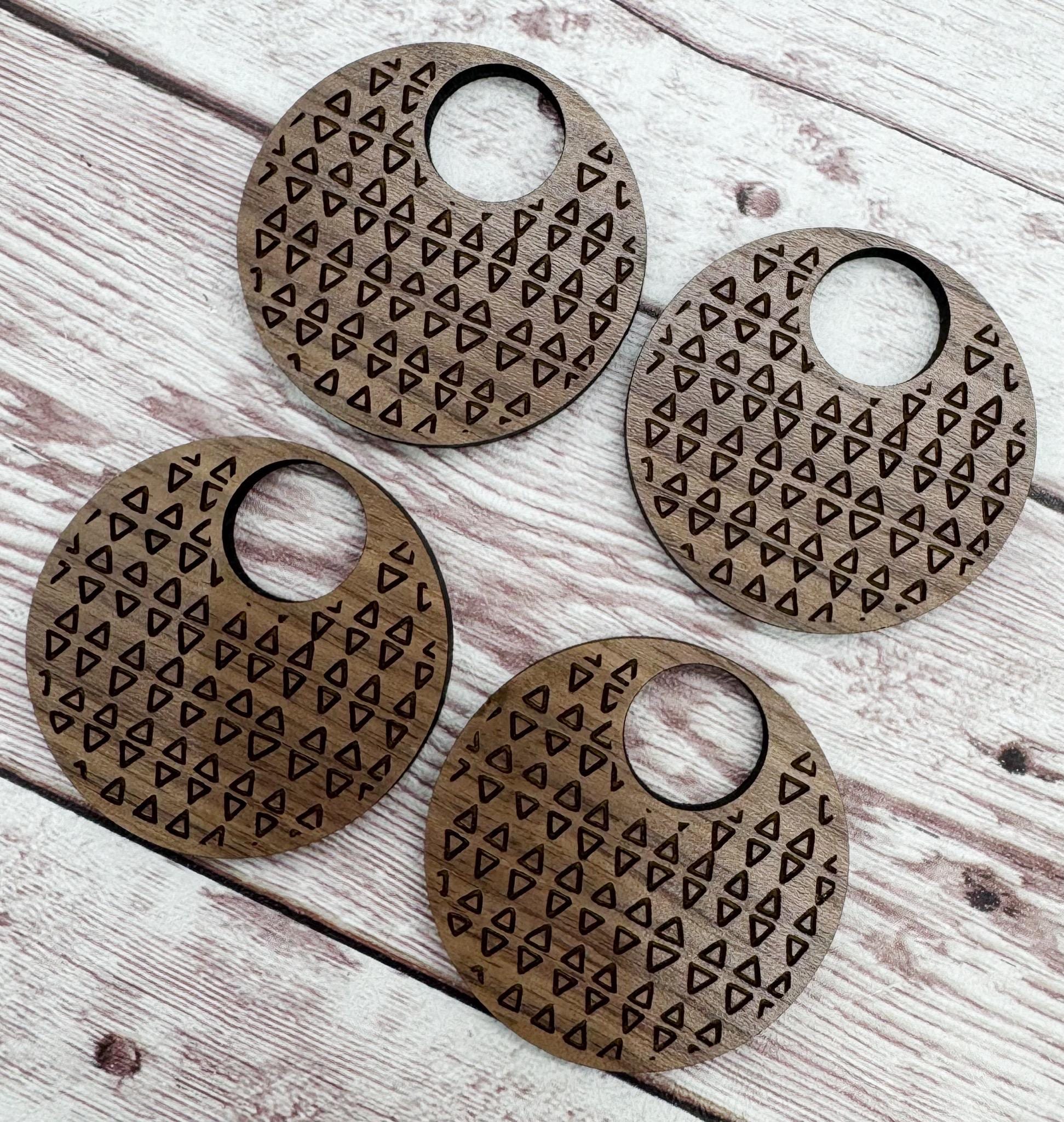 Engraved Tribal Triangles Print Hoop Walnut Earring Blanks, DIY Jewelry Making