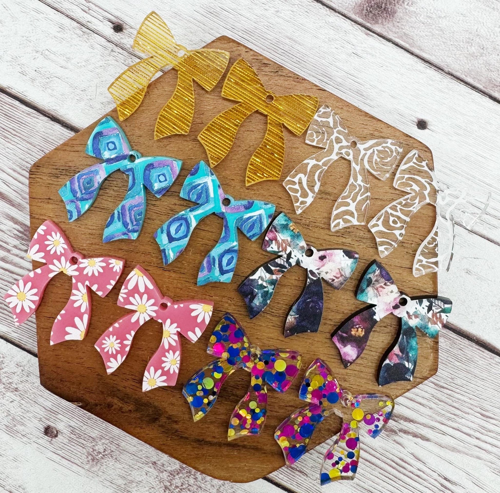 Set of 6 Mystery Acrylic Mini Bow Dangle Earring Blanks, Random Prints, DIY Jewelry Making