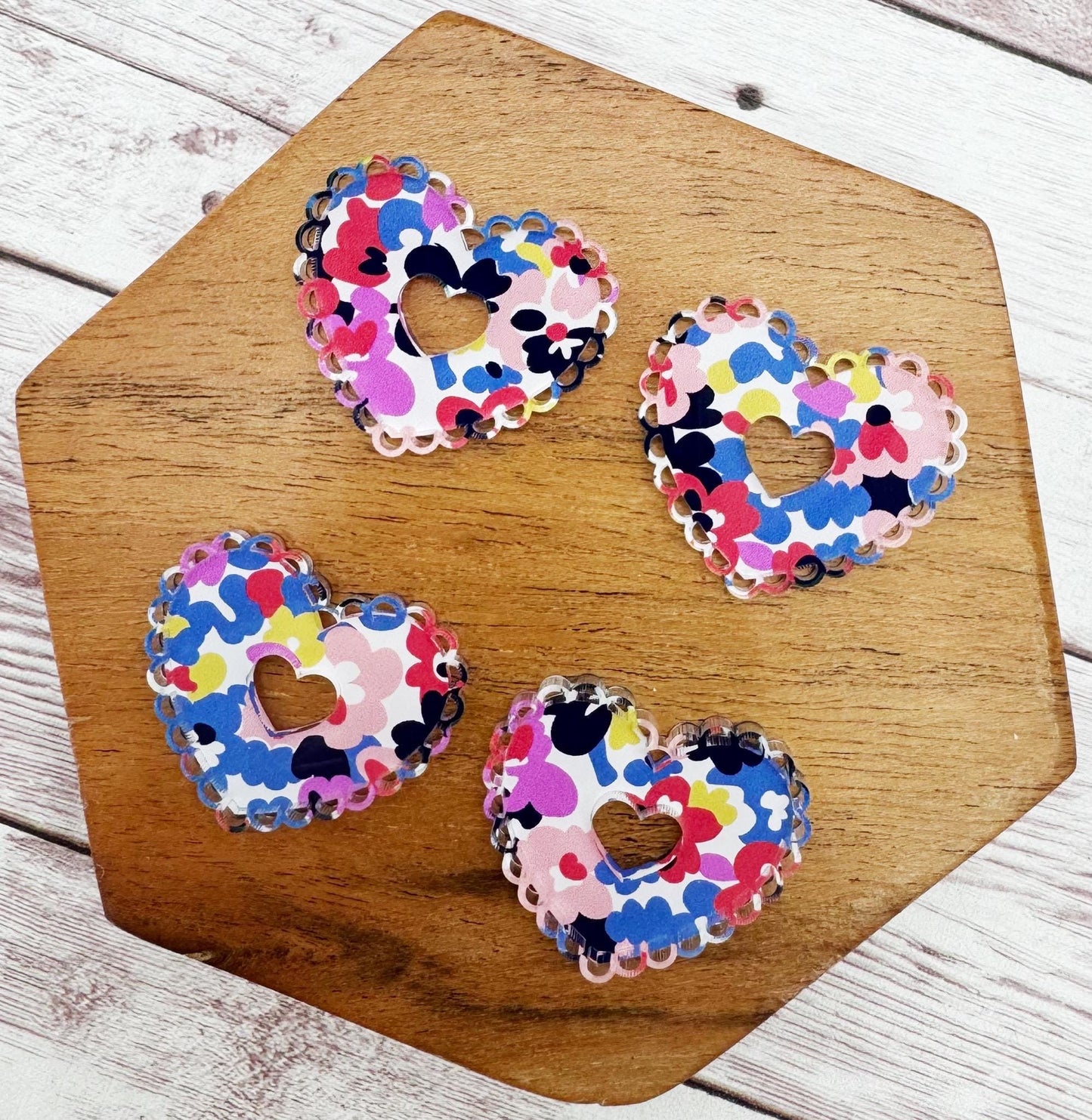 Multicolor Floral Intricate Doily Heart Valentine Acrylic Earring Blanks, DIY Jewelry Making