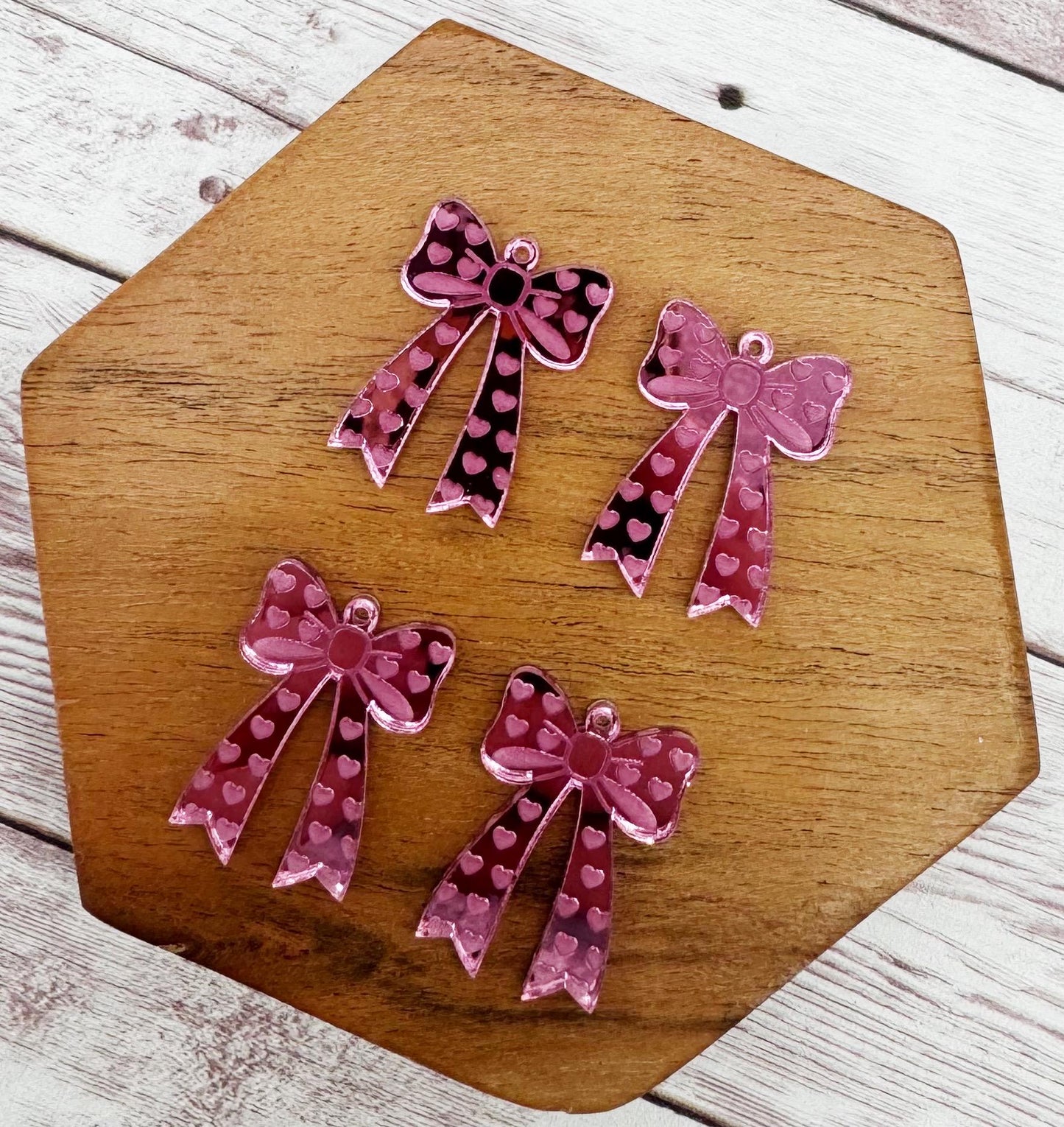 Pink Mirrored Engraved Heart Bow Valentine Acrylic Earring Blanks, DIY Jewelry Making