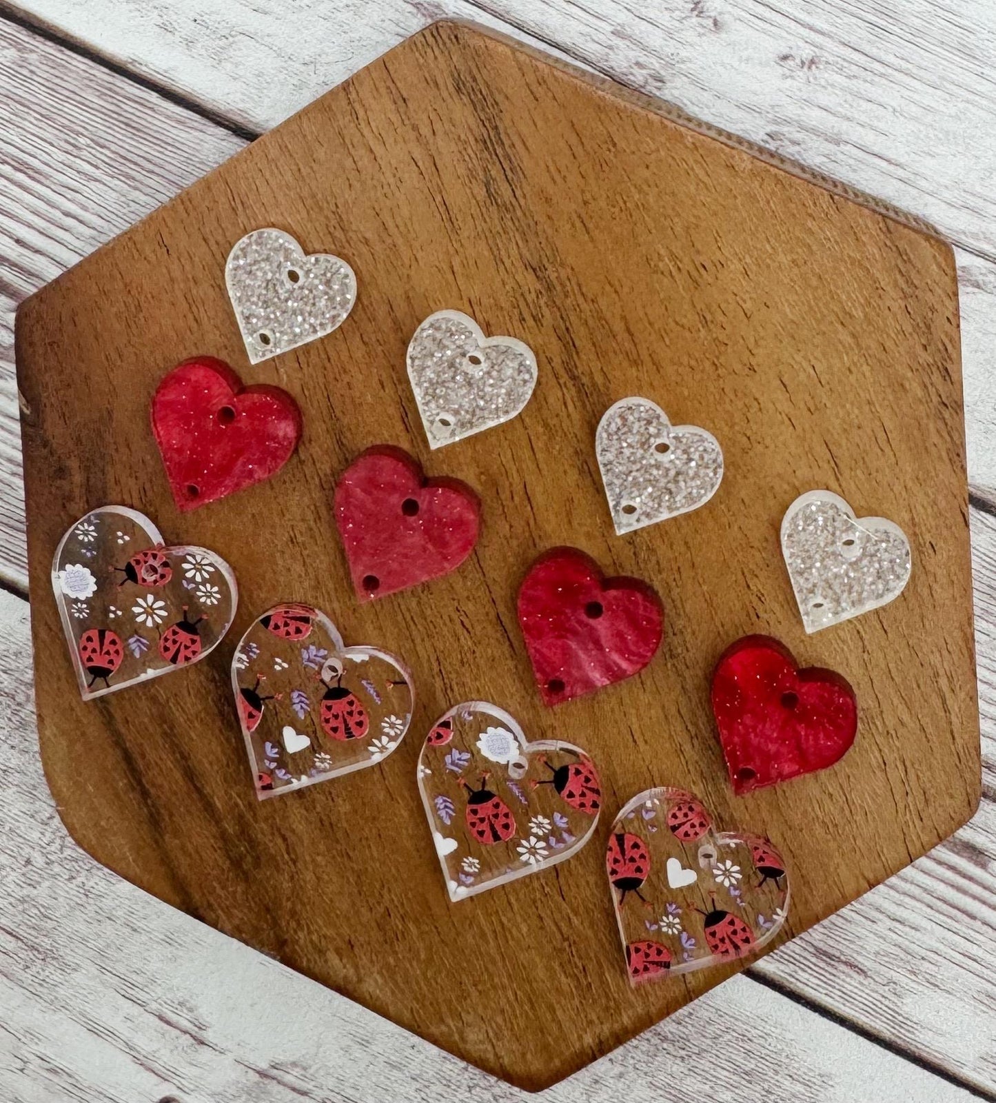 Love Bug Print Acrylic and Glitter Stacked Heart Trio Acrylic Valentine Earring Blanks, DIY Jewelry Making