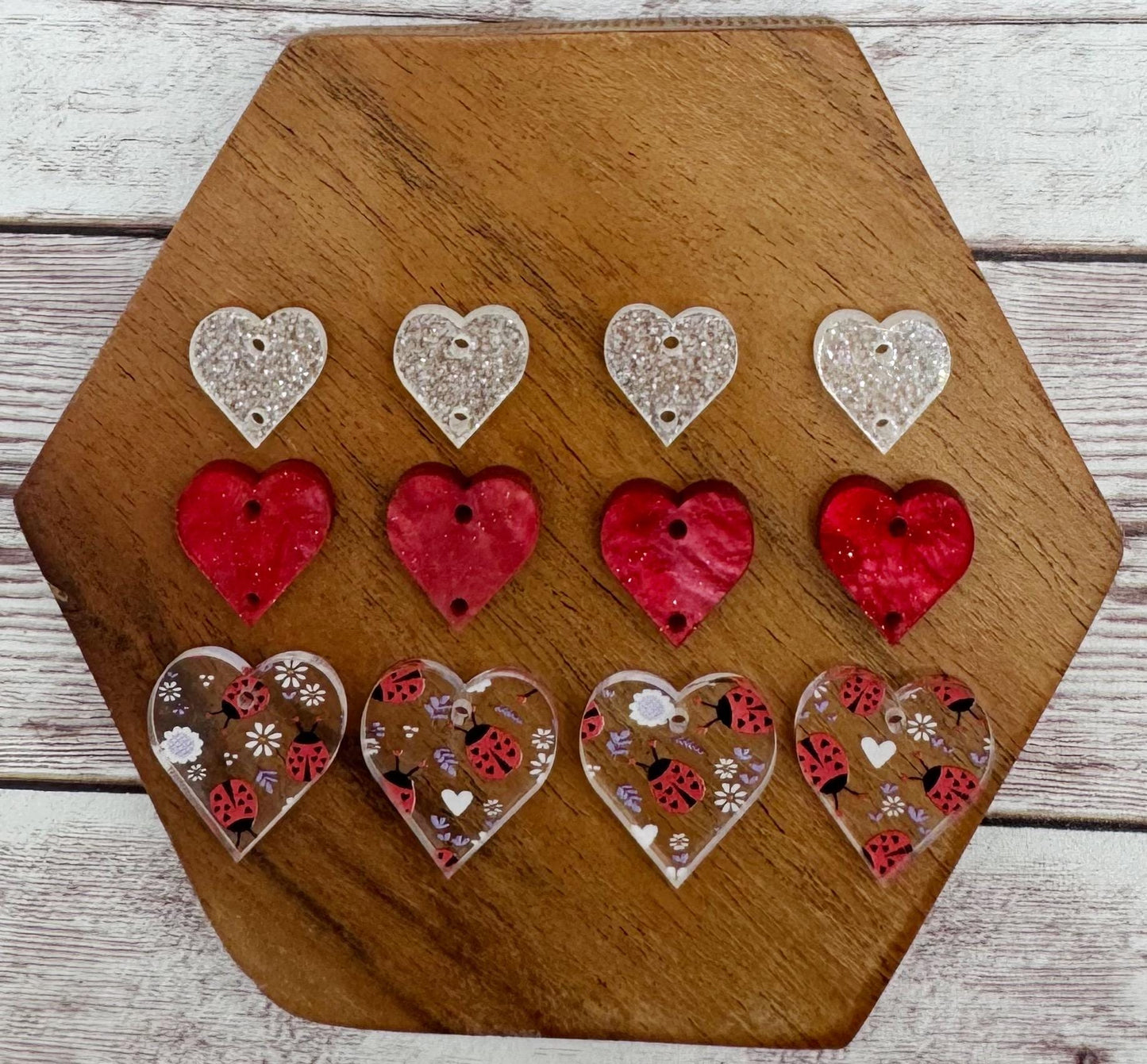 Love Bug Print Acrylic and Glitter Stacked Heart Trio Acrylic Valentine Earring Blanks, DIY Jewelry Making