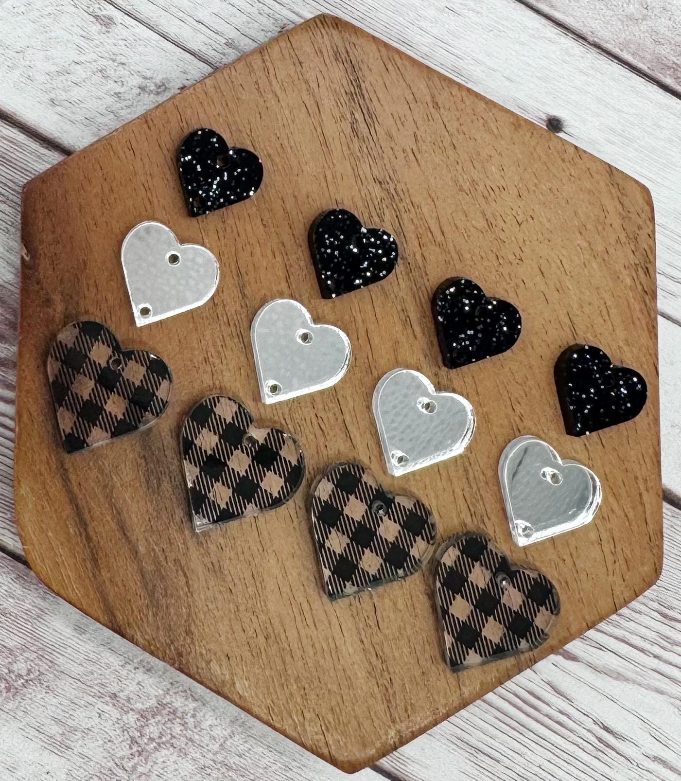 Black Plaid, Silver Mirror, and Black Glitter Stacked Heart Trio Acrylic Valentine Earring Blanks, DIY Jewelry Making