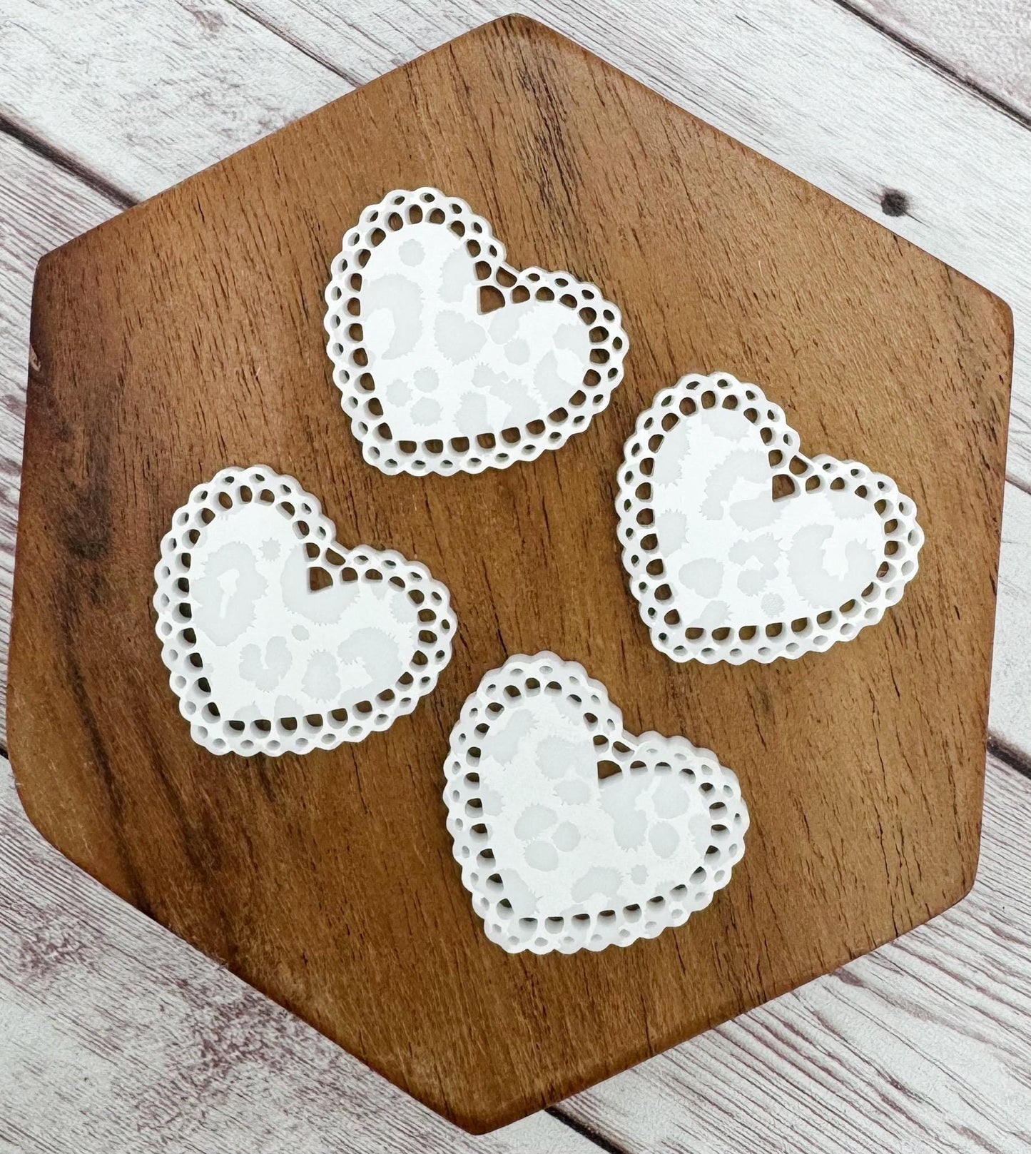 White Leopard Print Intricate Doily Heart Valentine Acrylic Earring Blanks, DIY Jewelry Making