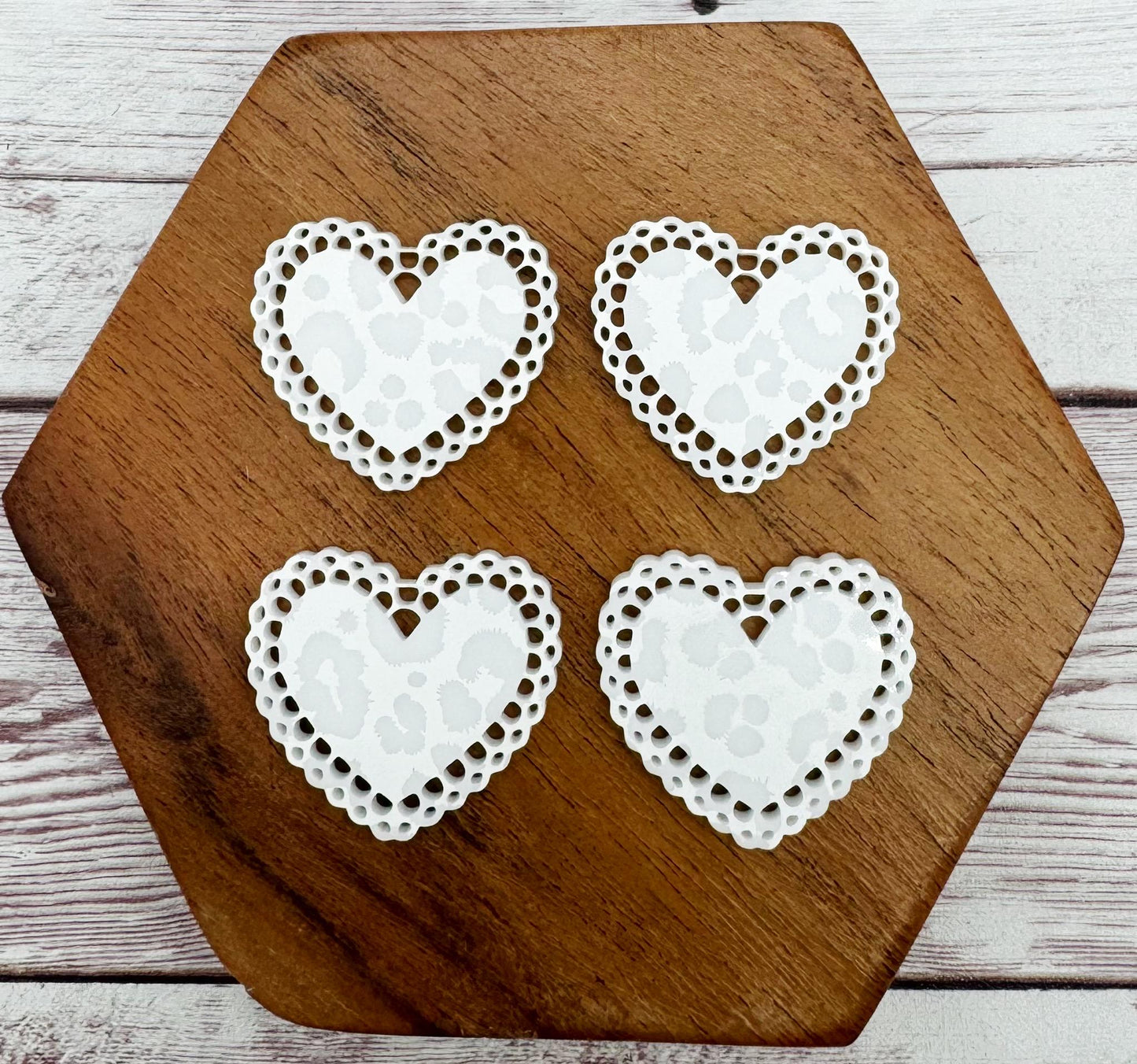 White Leopard Print Intricate Doily Heart Valentine Acrylic Earring Blanks, DIY Jewelry Making