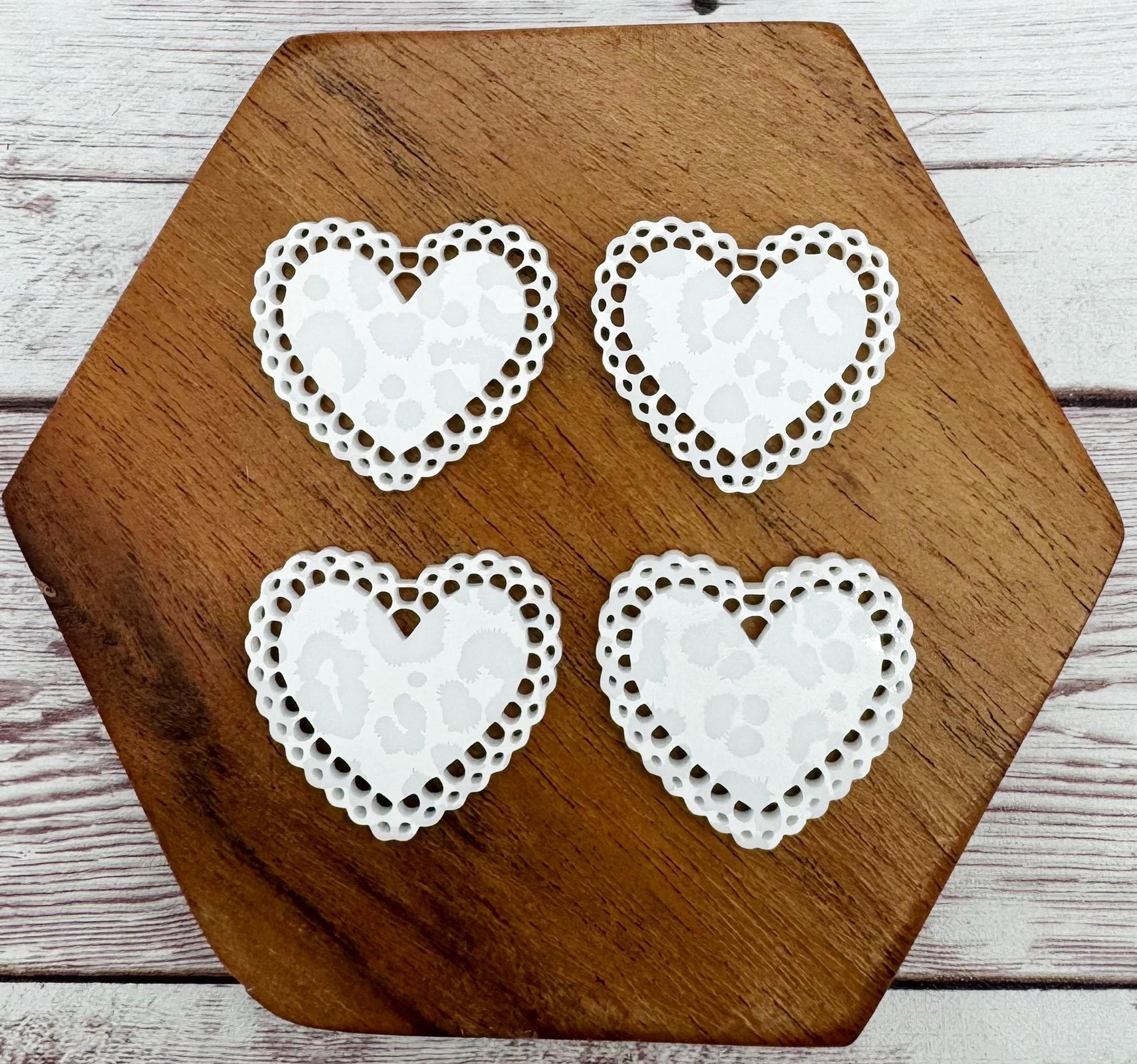 White Leopard Print Intricate Doily Heart Valentine Acrylic Earring Blanks, DIY Jewelry Making