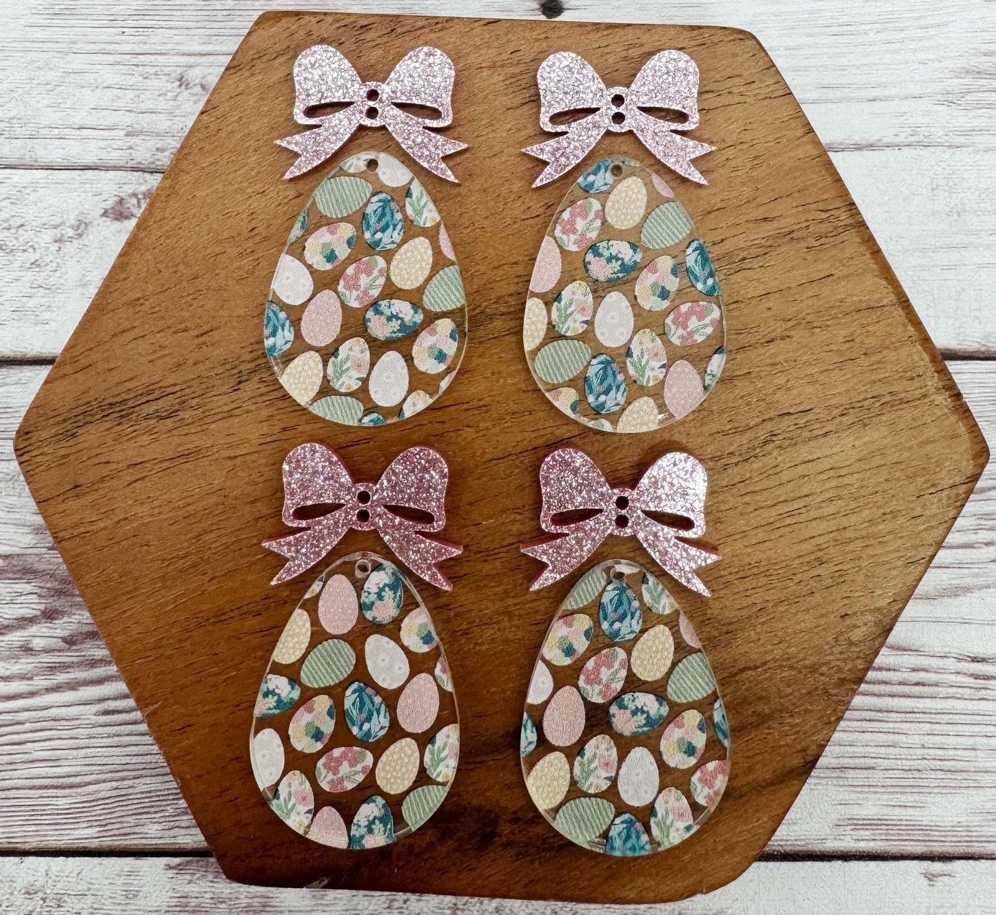 Easter Egg Print Egg With Pink Shimmer Bow Connector Easter Earring Blanks, DIY Jewelry Making