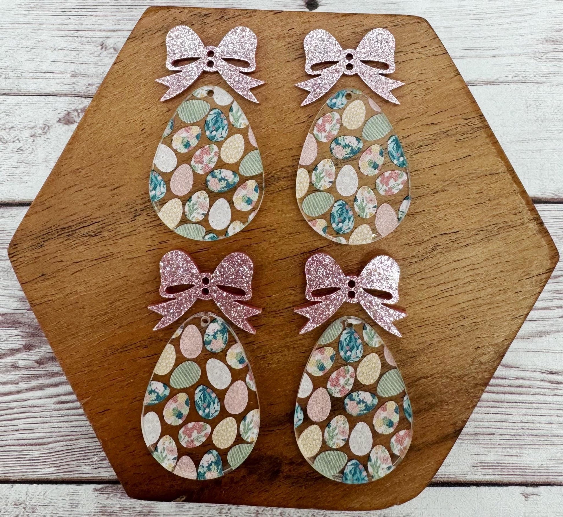 Easter Egg Print Egg With Pink Shimmer Bow Connector Easter Earring Blanks, DIY Jewelry Making