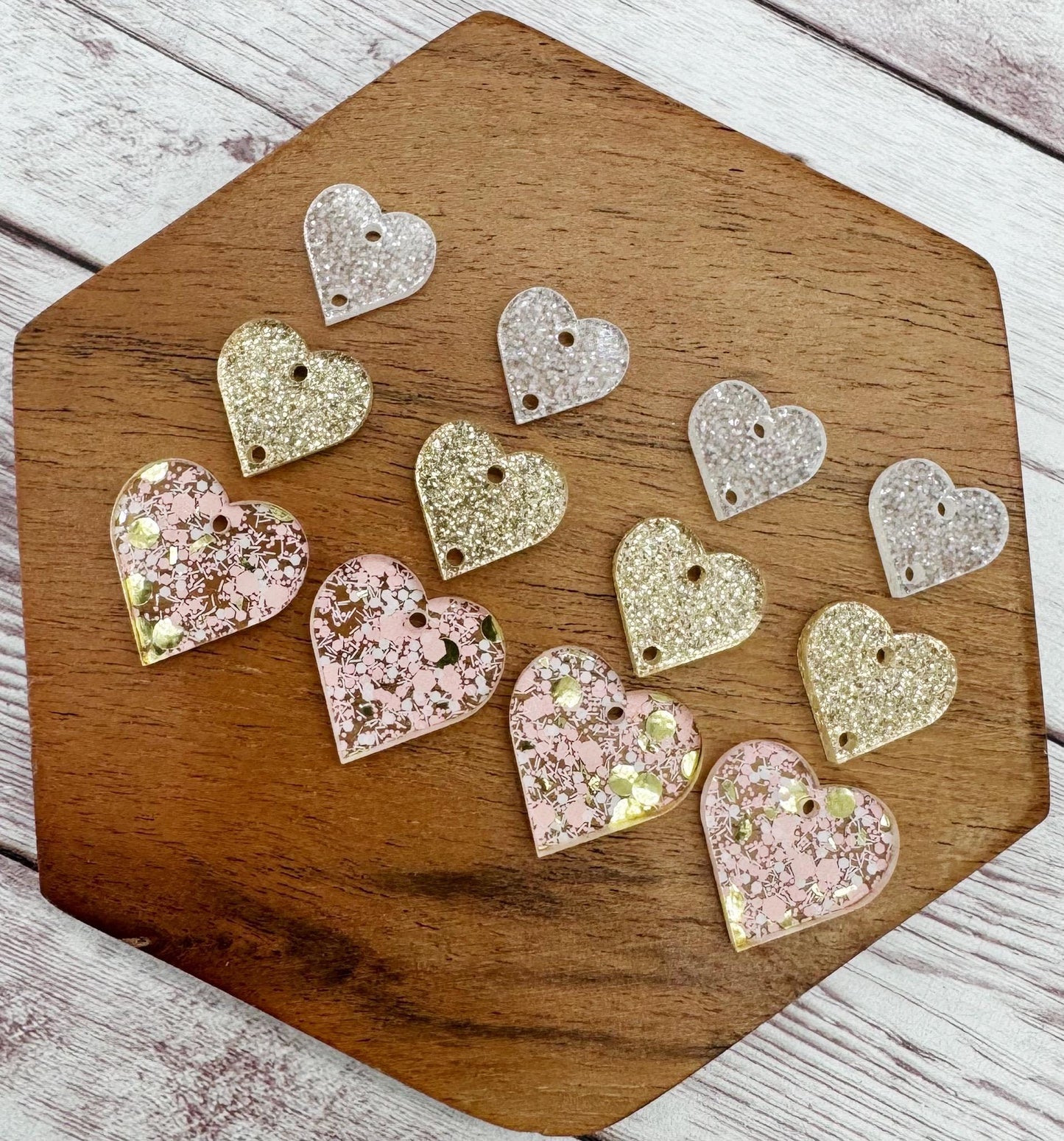 Pink, White, and Gold Glitter Stacked Heart Trio Acrylic Valentine Earring Blanks, DIY Jewelry Making