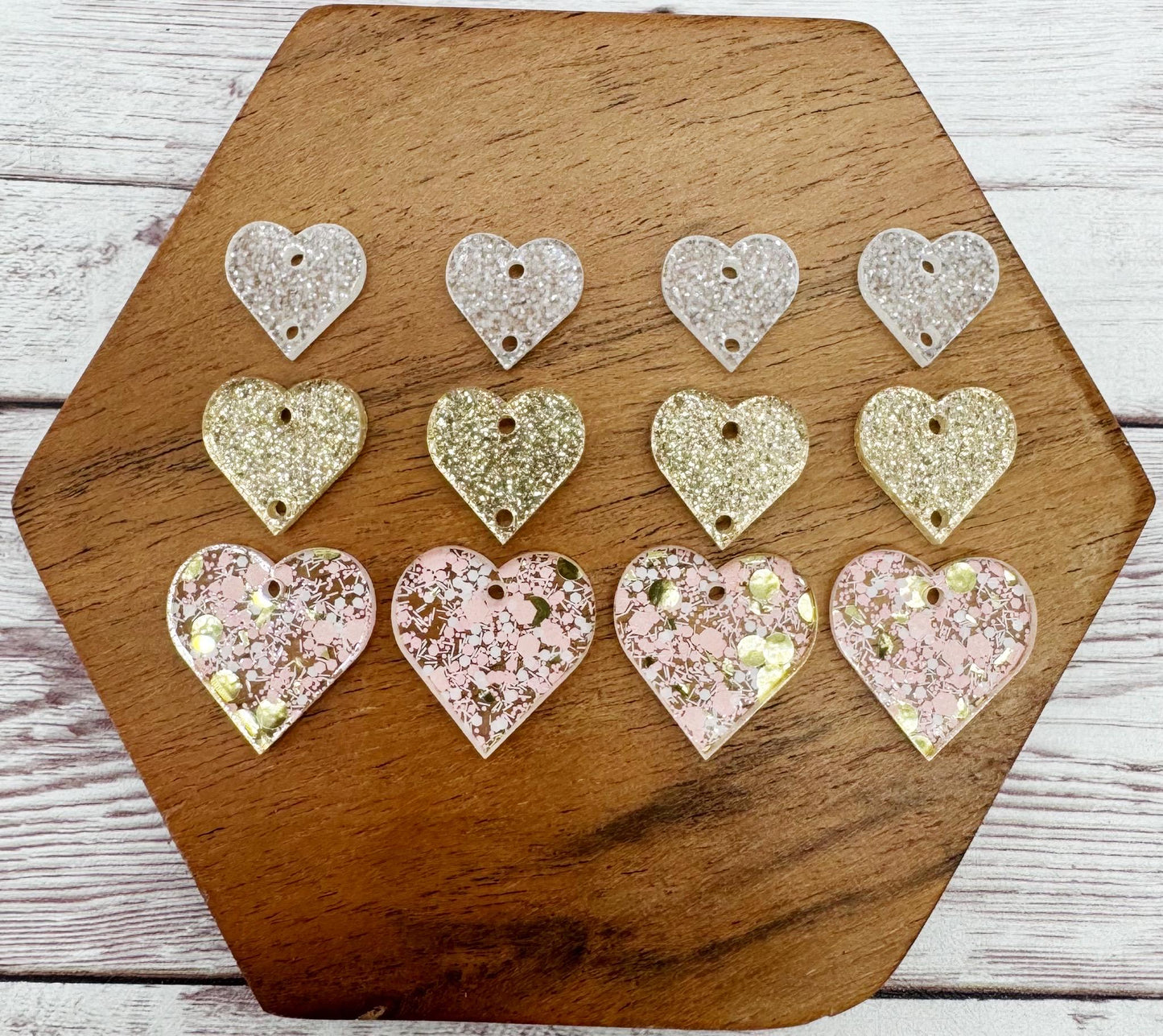 Pink, White, and Gold Glitter Stacked Heart Trio Acrylic Valentine Earring Blanks, DIY Jewelry Making