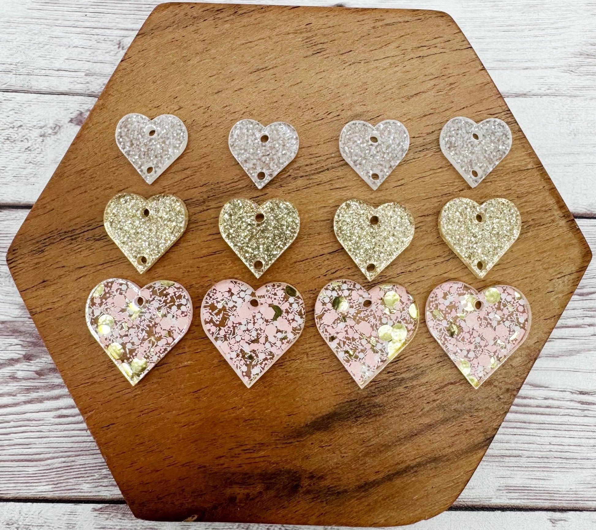 Pink, White, and Gold Glitter Stacked Heart Trio Acrylic Valentine Earring Blanks, DIY Jewelry Making