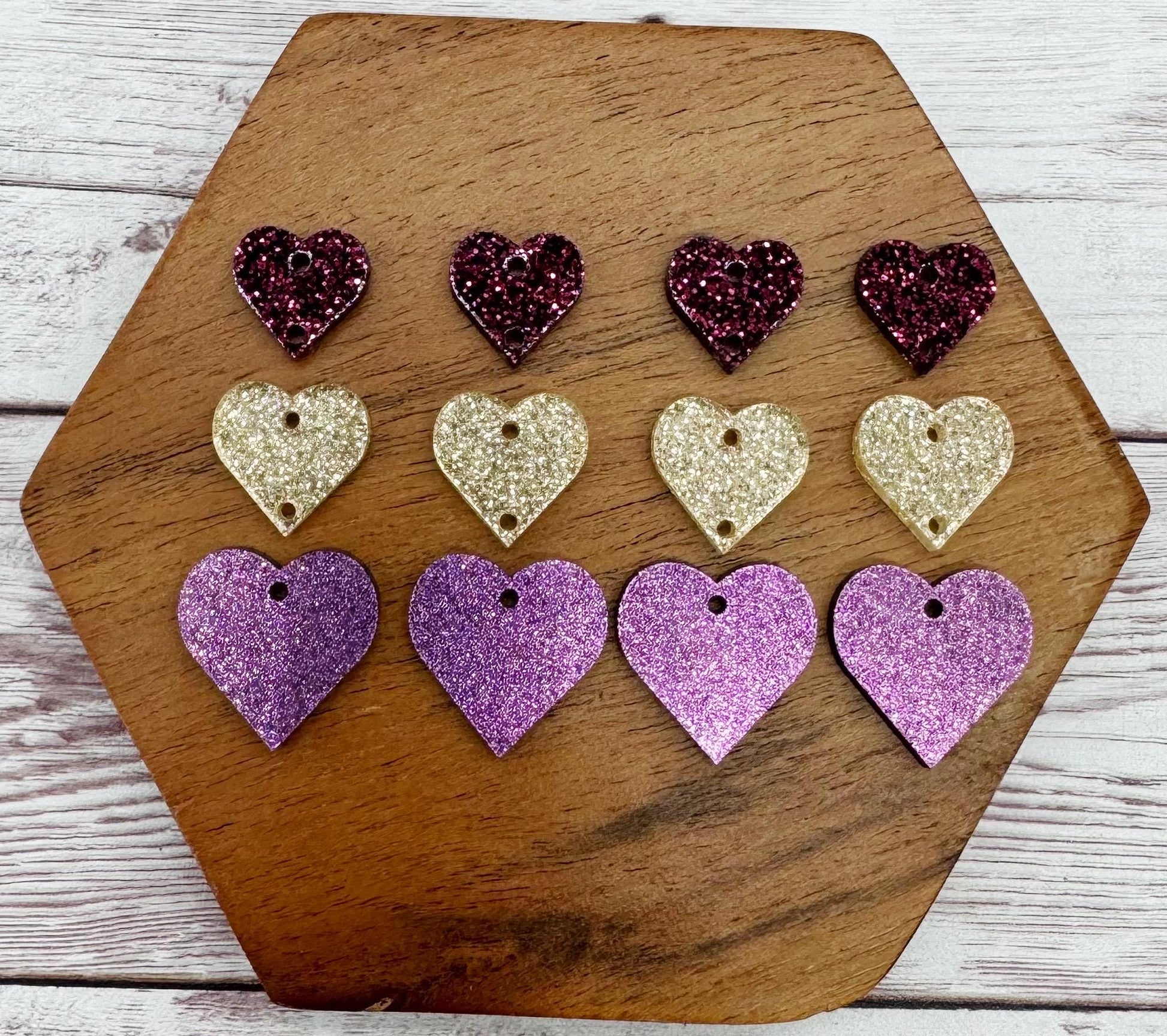 Purple and Gold Glitter Shimmer Stacked Heart Trio Acrylic Valentine Earring Blanks, DIY Jewelry Making