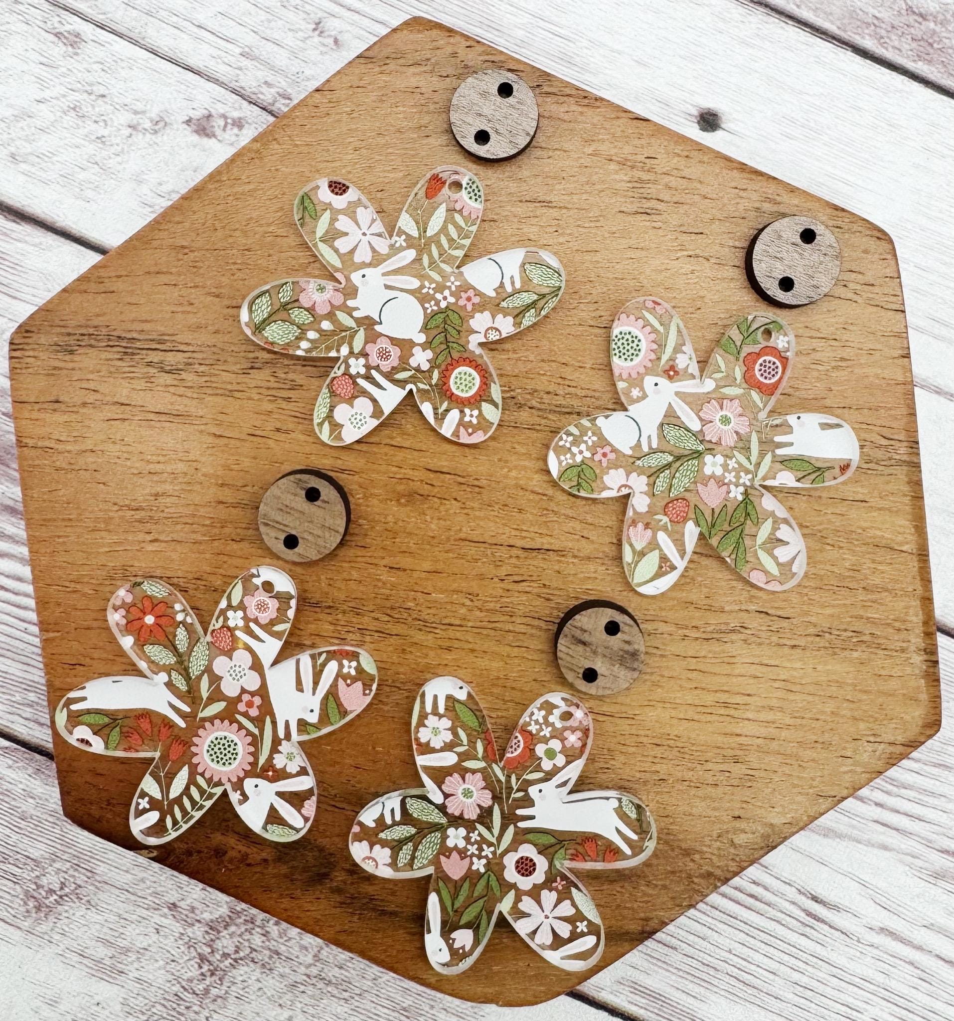 Easter Bunny Rabbit Floral Print Flower Acrylic and Wood Connector Set Earring Blanks, DIY Jewelry Making