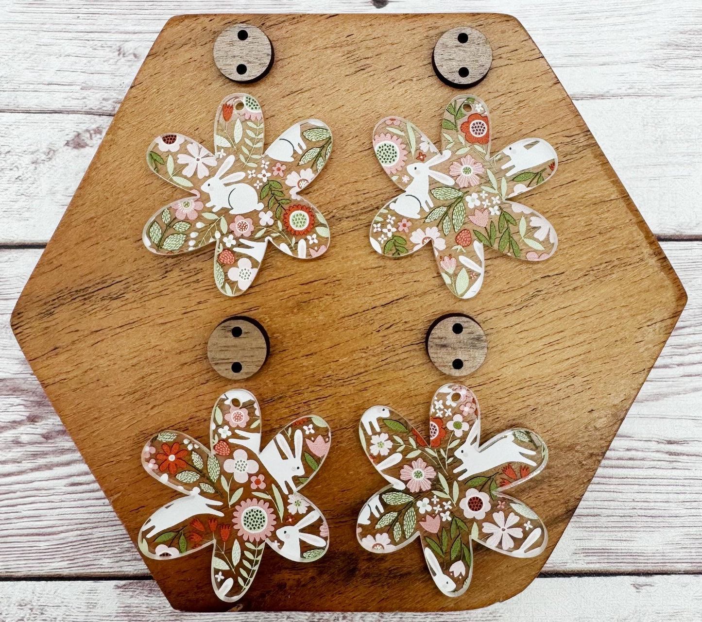 Easter Bunny Rabbit Floral Print Flower Acrylic and Wood Connector Set Earring Blanks, DIY Jewelry Making