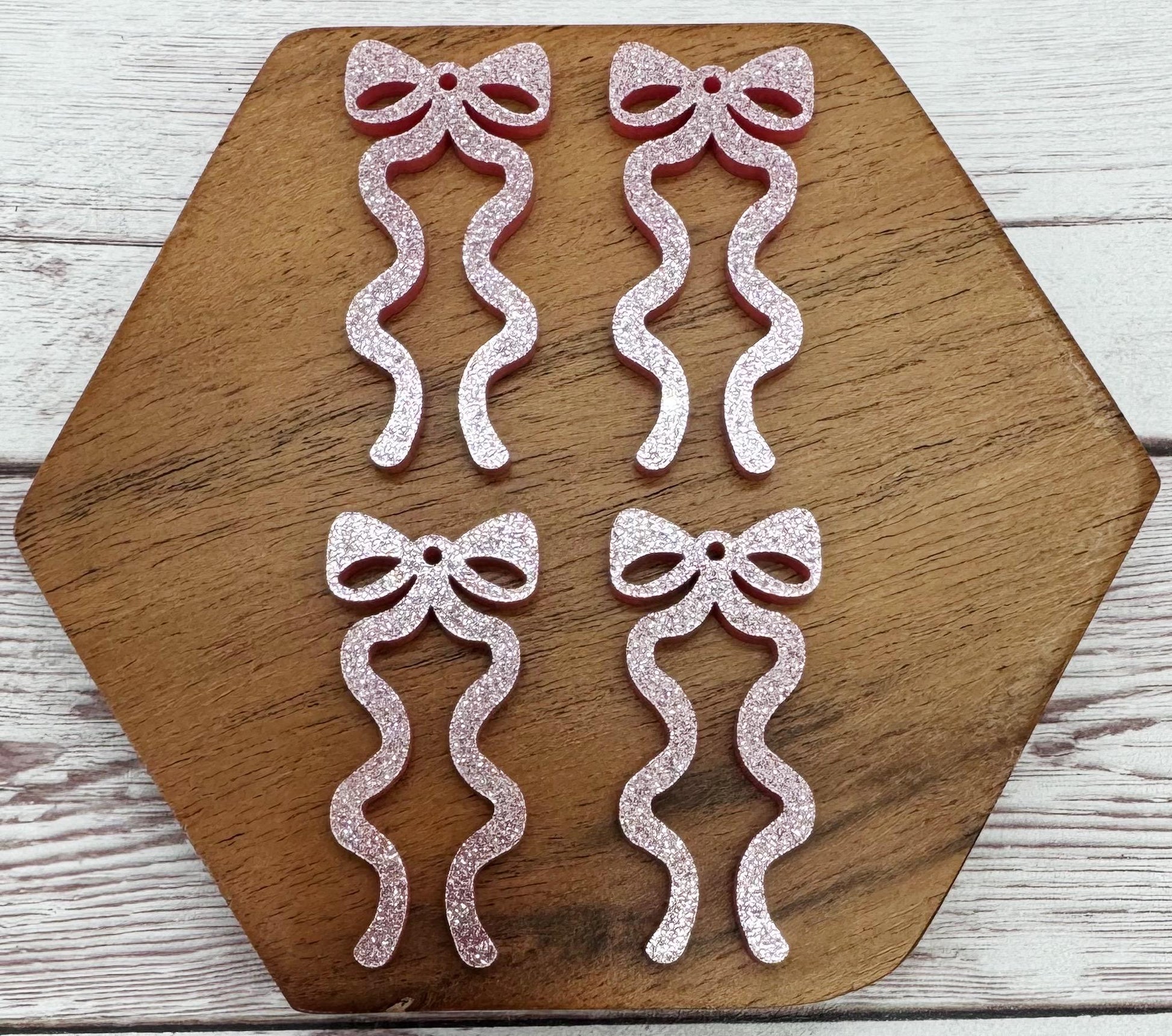 Pink Shimmer Glitter Acrylic Long Ribbon Bow Earring Blanks, DIY Jewelry Making
