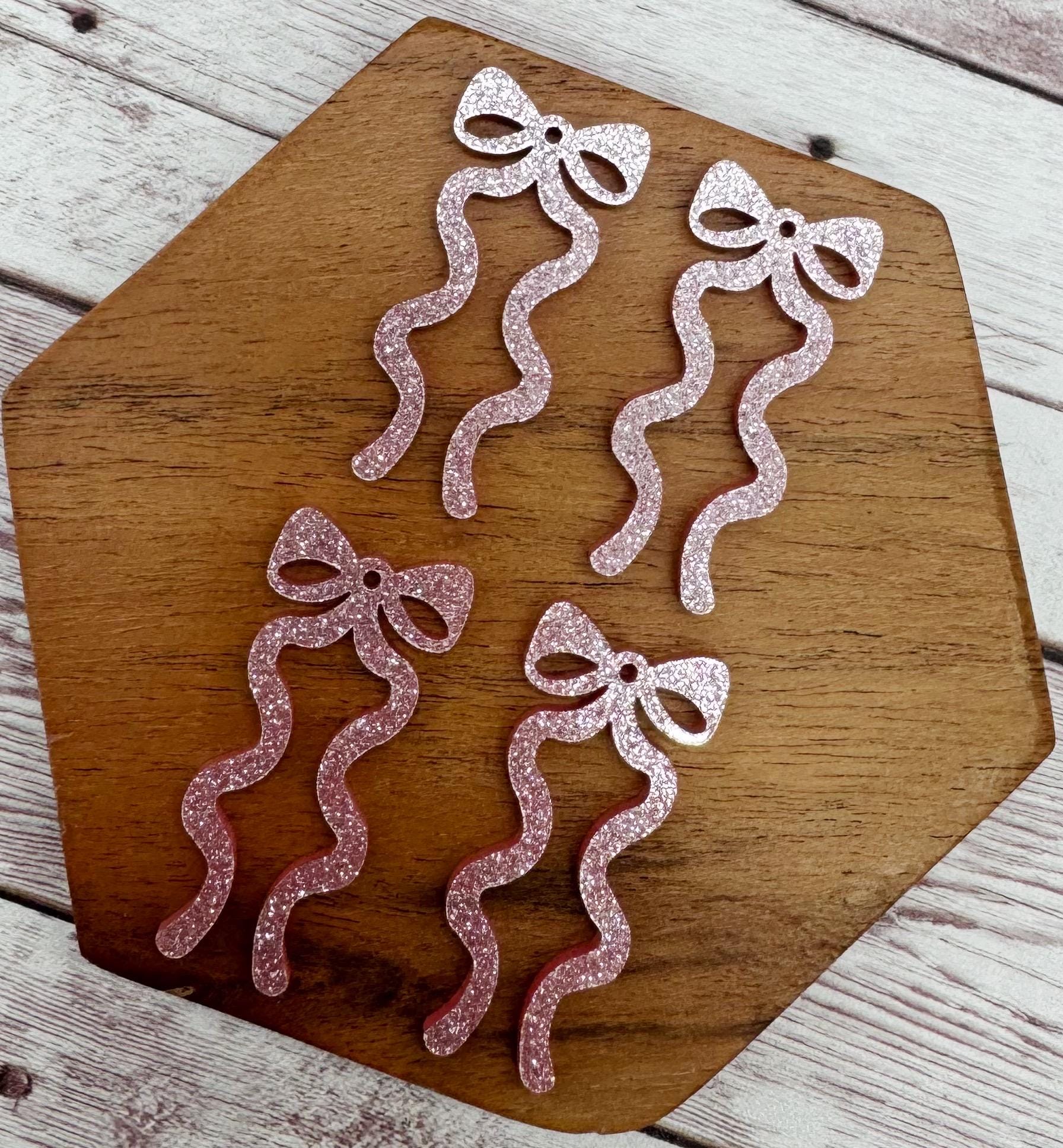 Pink Shimmer Glitter Acrylic Long Ribbon Bow Earring Blanks, DIY Jewelry Making