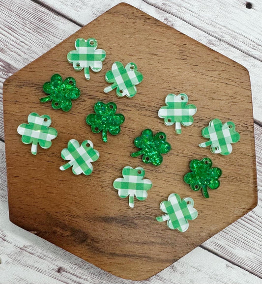Green Plaid and Glitter Shamrock Trio St. Patrick’s Day Acrylic Earring Blanks, DIY Jewelry Making