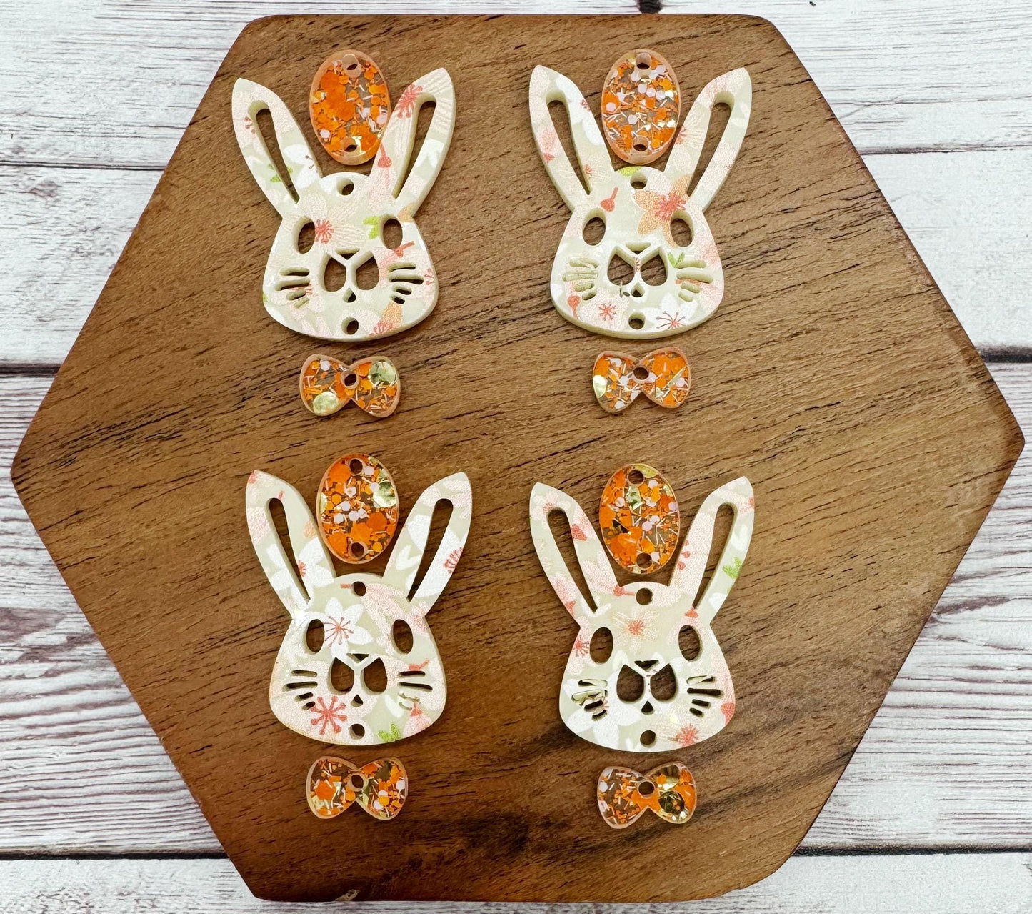 Orange Floral Print Bunny Rabbit, Egg, and Bow Tie Easter Spring Earring Blank Set, DIY Jewelry Making