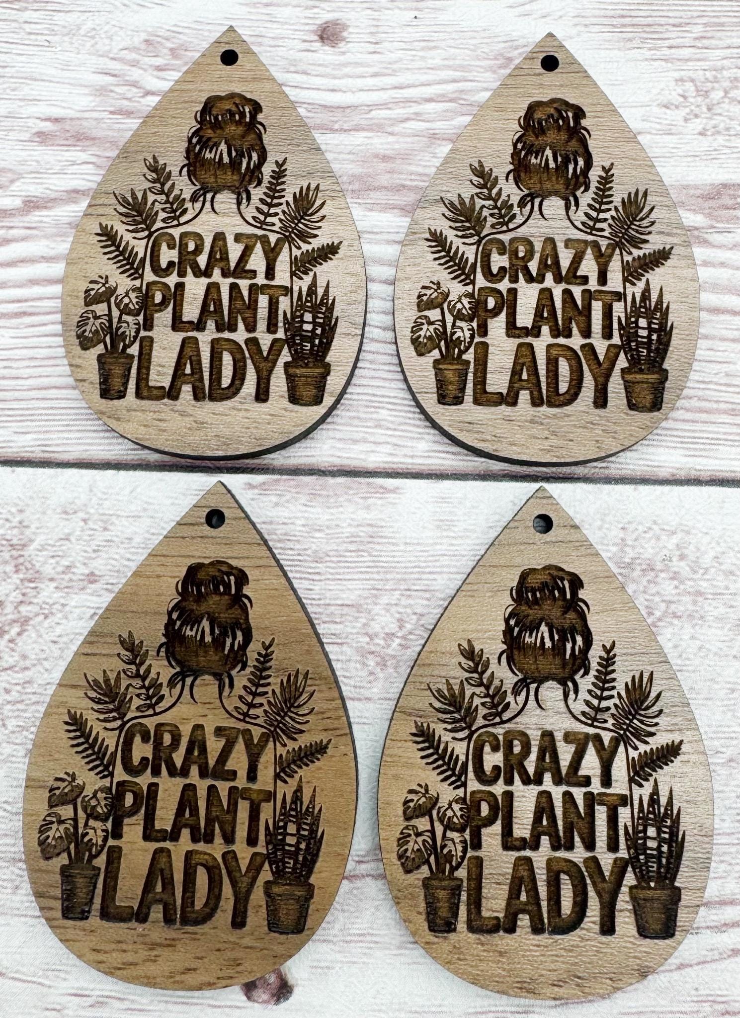 Crazy Plant Lady Engraved Teardrop Earring Blanks, Finished Walnut Blank, DIY Jewelry Making