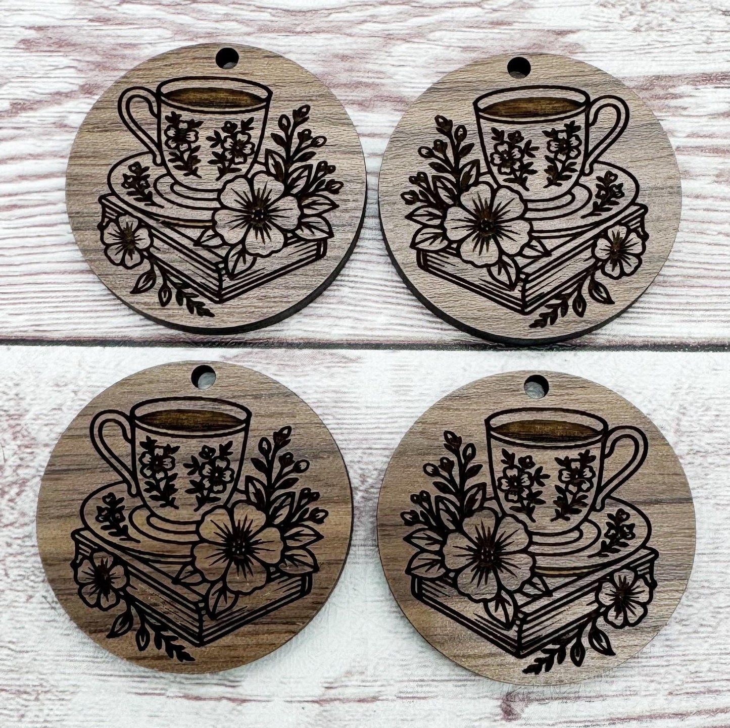 Floral Books and Tea Coffee Engraved Wood Earring Blanks, Finished Walnut Blank, DIY Jewelry Making