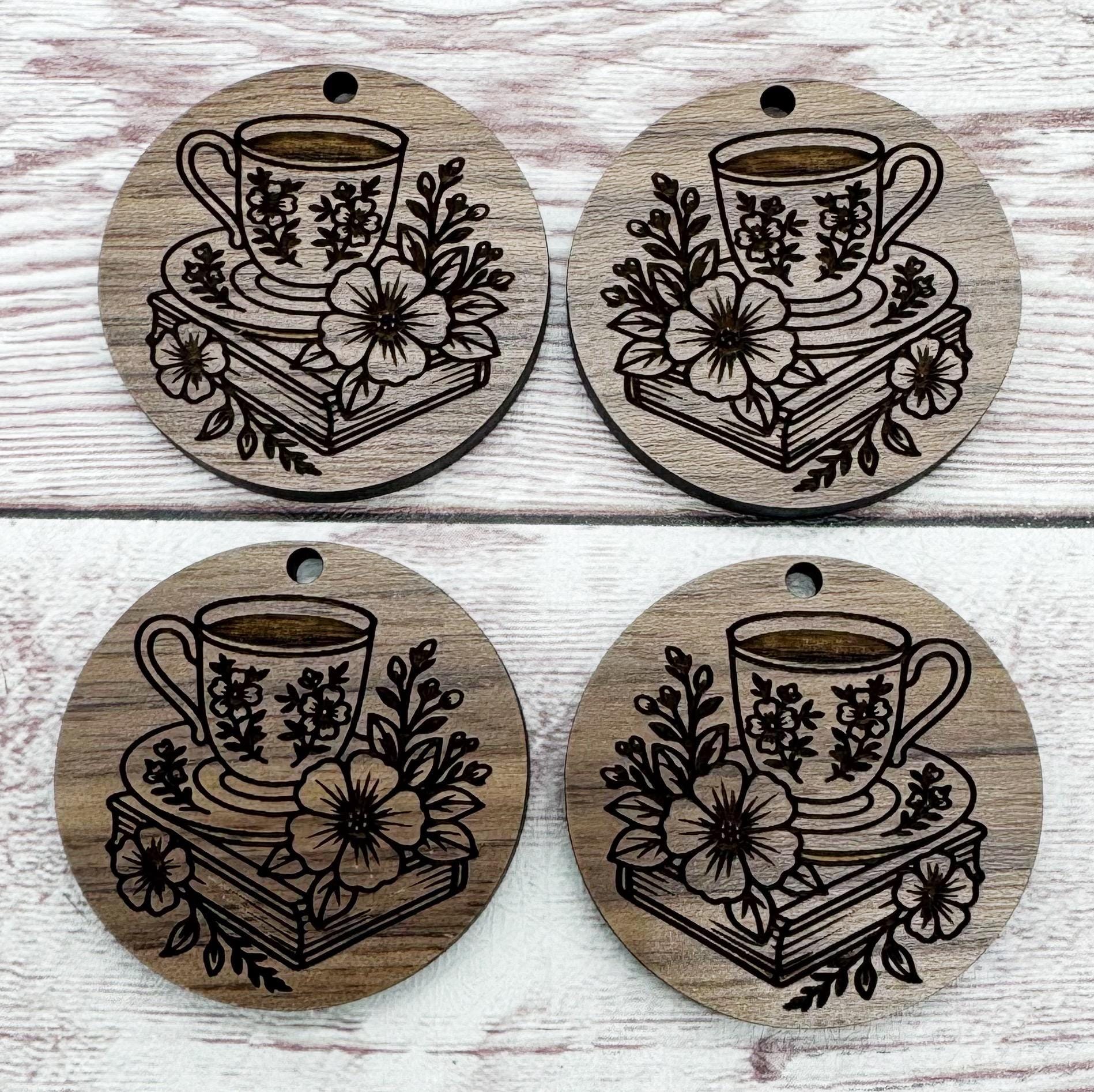 Floral Books and Tea Coffee Engraved Wood Earring Blanks, Finished Walnut Blank, DIY Jewelry Making