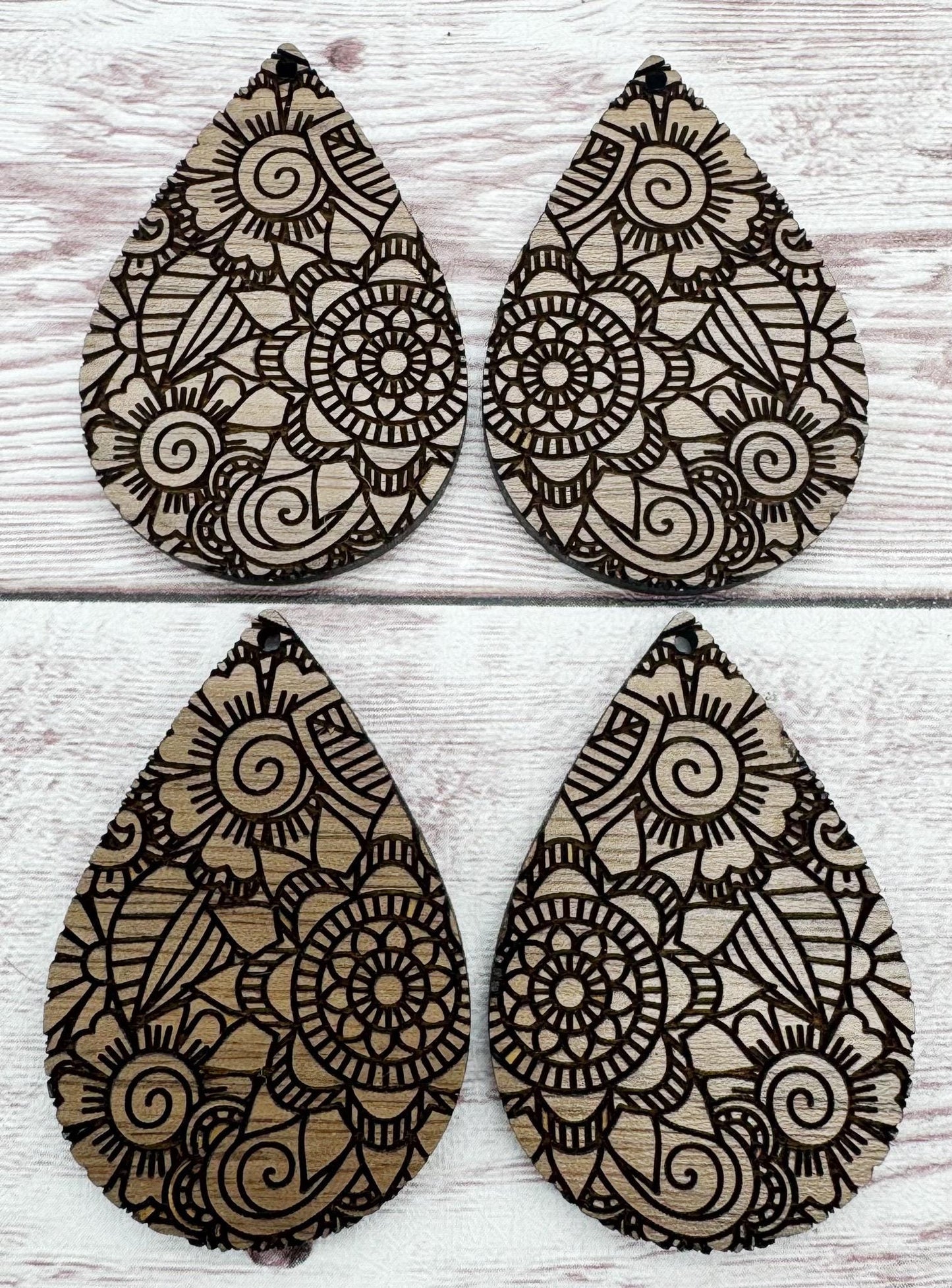 Boho Mandala Doodle Engraved Walnut Wood Earring Blanks, DIY Jewelry Making