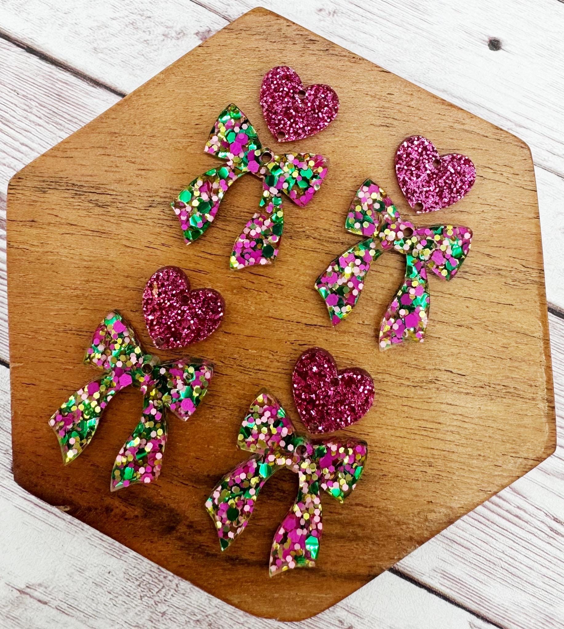 Pink Gold Green Glitter Bow and Glitter Heart Connector Set Valentine Acrylic Earring Blanks, DIY Jewelry Making