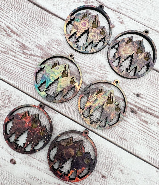 Engraved Mountain and Trees Round Earring Blanks, DIY Jewelry Making