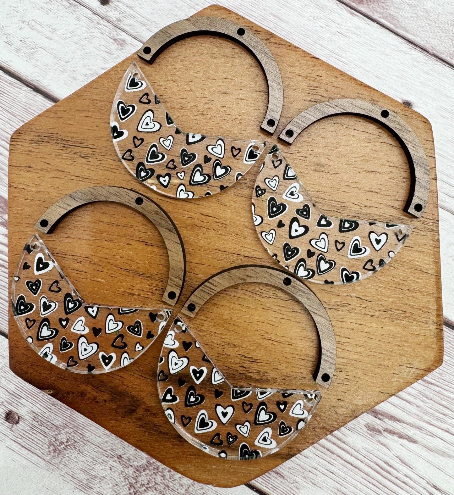 Black and White Heart Print Acrylic and Wood Arch Round Earring Blanks, Valentine’s Day, DIY Jewelry Making
