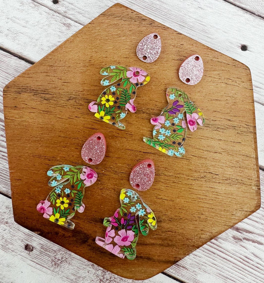 Spring Floral Print Bunny Rabbit and Egg Set Easter Earring Blanks, DIY Jewelry Making