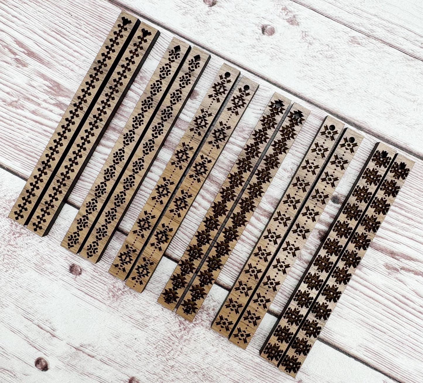 Set of 6 Pair, Engraved Skinny Bar Aztec Tribal Earring Blanks. Finished Walnut Blank, DIY Jewelry Making