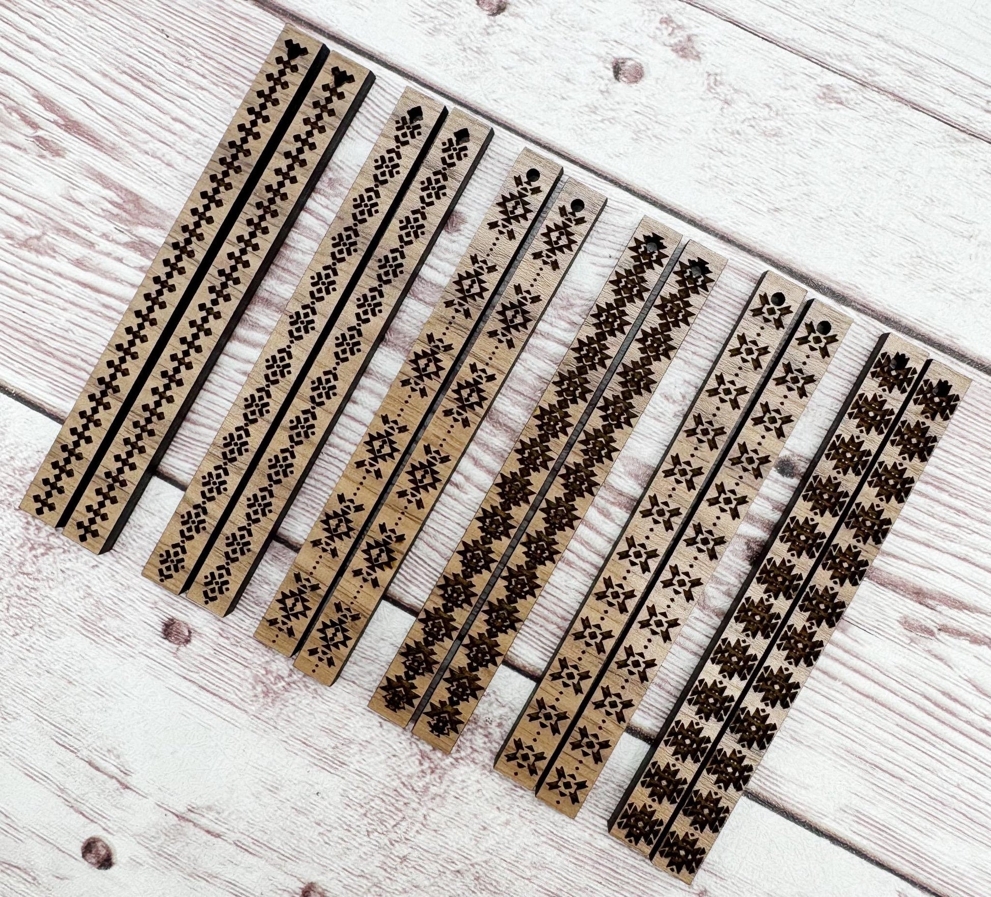 Set of 6 Pair, Engraved Skinny Bar Aztec Tribal Earring Blanks. Finished Walnut Blank, DIY Jewelry Making