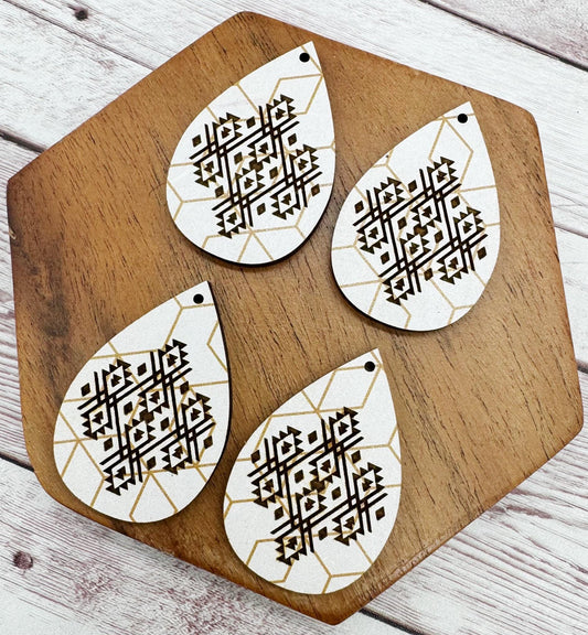 Patterned Wood Engraved Aztec Tribal Teardop Earring Blanks, DIY Jewelry Making