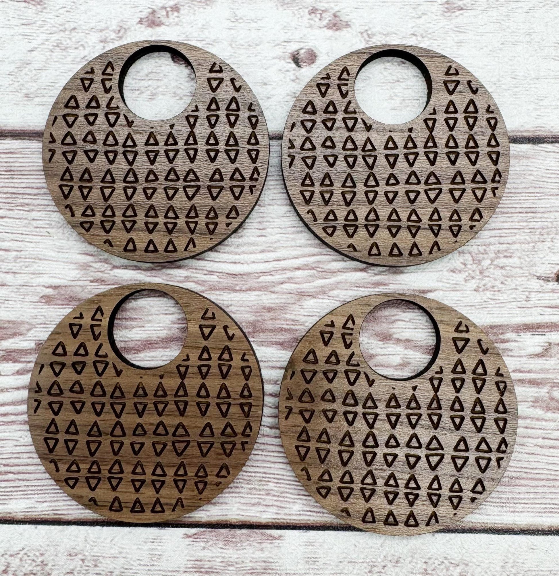 Engraved Tribal Triangles Print Hoop Walnut Earring Blanks, DIY Jewelry Making
