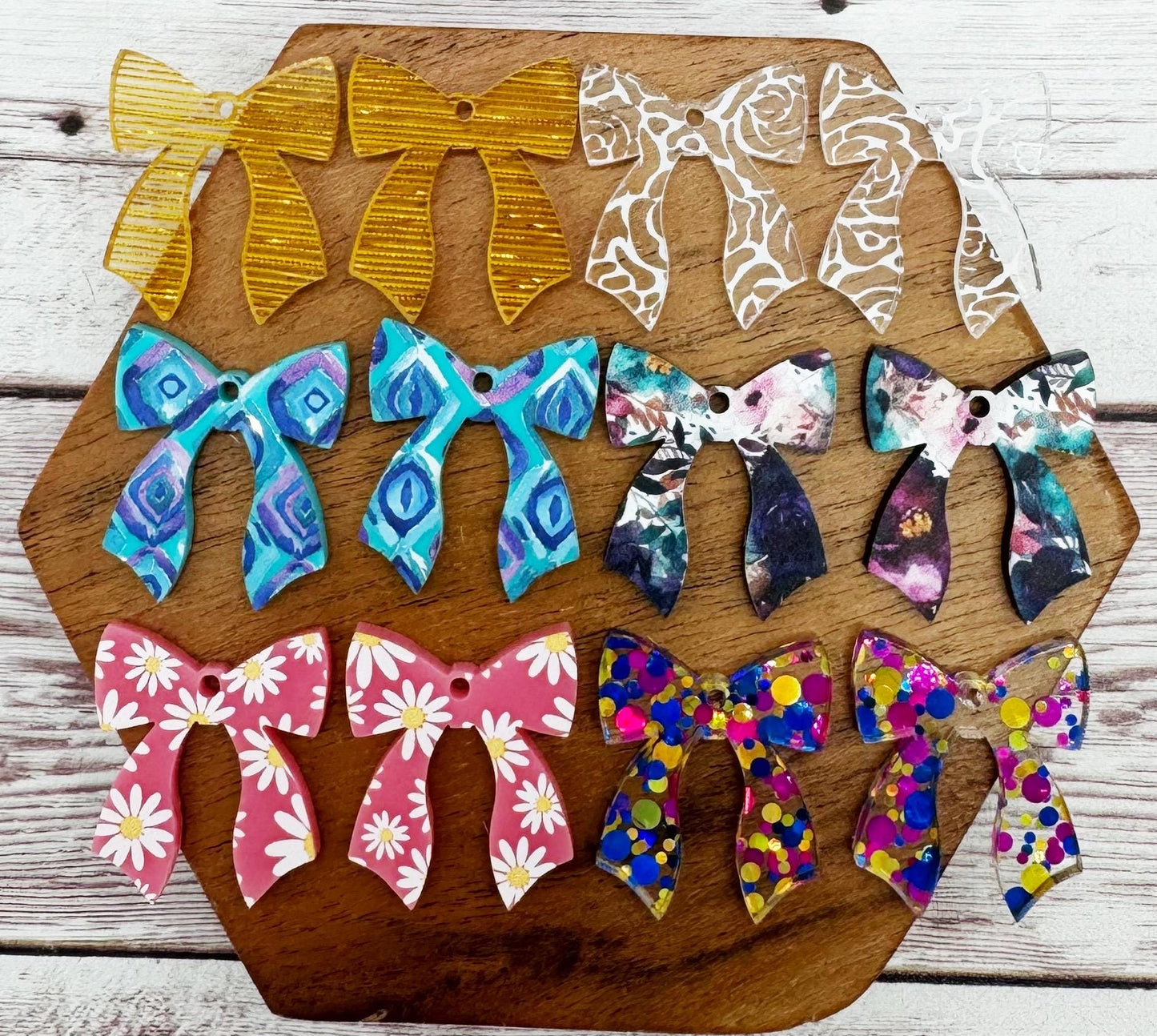 Set of 6 Mystery Acrylic Mini Bow Dangle Earring Blanks, Random Prints, DIY Jewelry Making