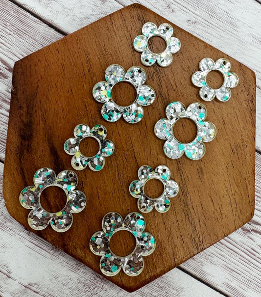 Silver Glitter Blend Flower Duo Earring Blanks, DIY Jewelry Making