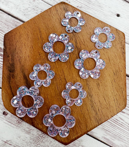Purple and Teal Glitter Blend Flower Duo Earring Blanks, DIY Jewelry Making