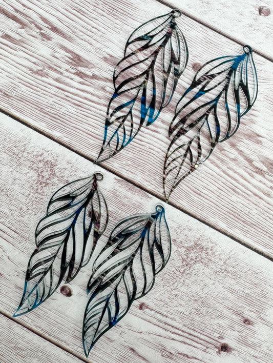 Blue and Brown Print Acrylic Boho Intricate Feather Earring Blanks, DIY Jewelry Making