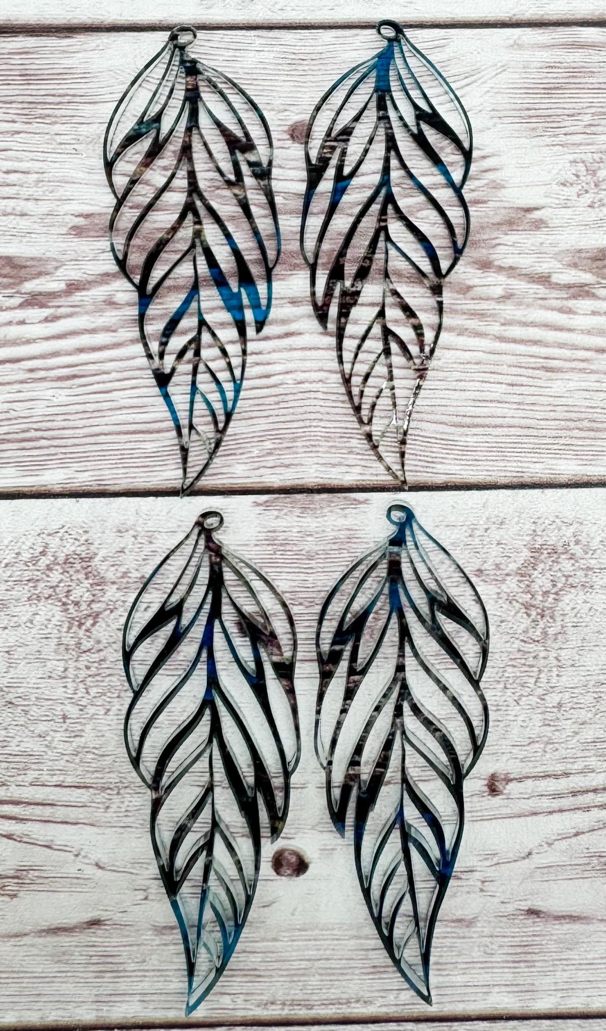 Blue and Brown Print Acrylic Boho Intricate Feather Earring Blanks, DIY Jewelry Making