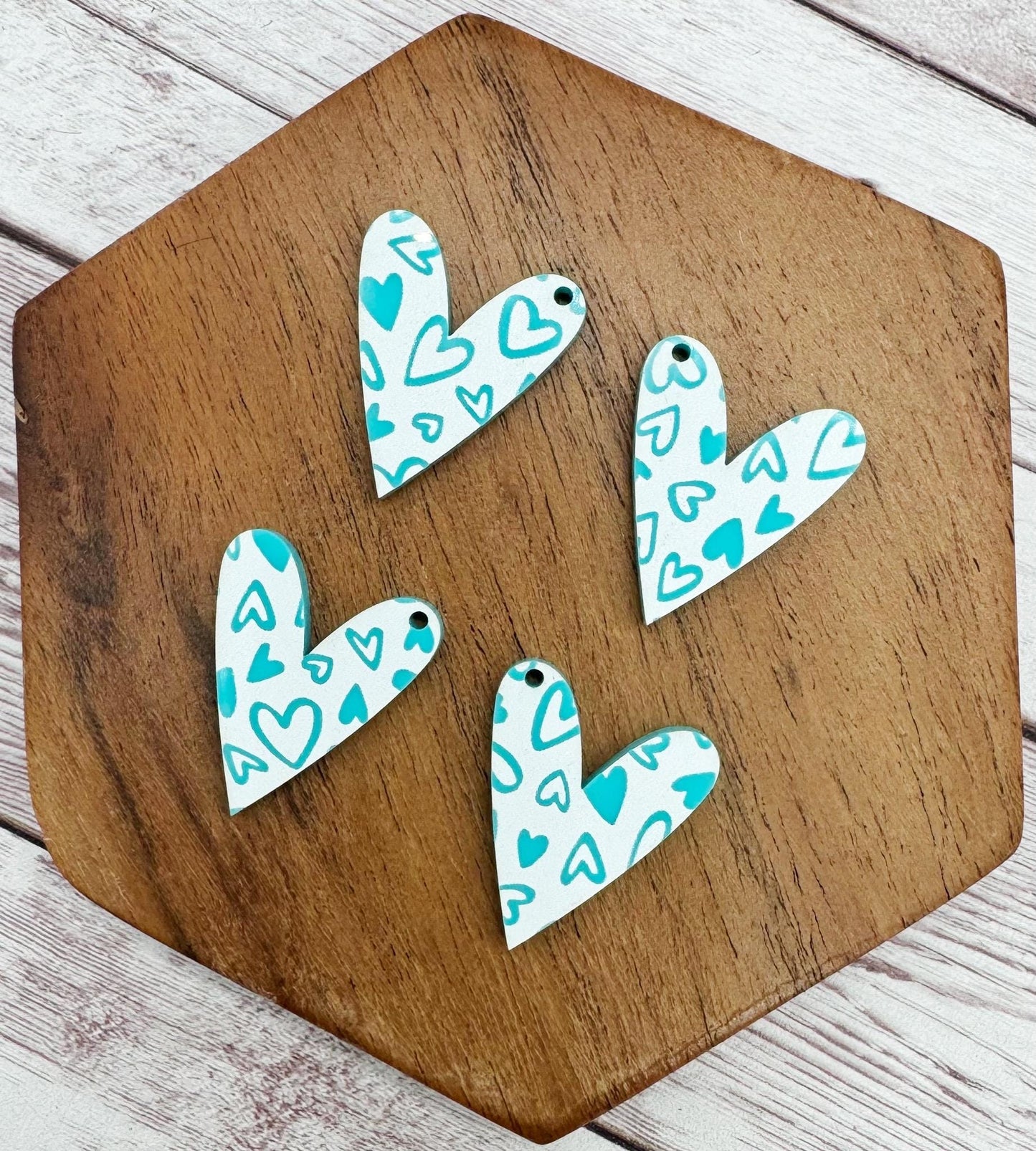 Set of 2 Pair Aqua and White Heart Print Acrylic Dangle Blanks DIY Jewelry Making