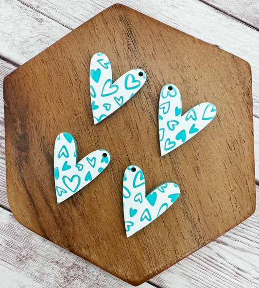 Set of 2 Pair Aqua and White Heart Print Acrylic Dangle Blanks DIY Jewelry Making
