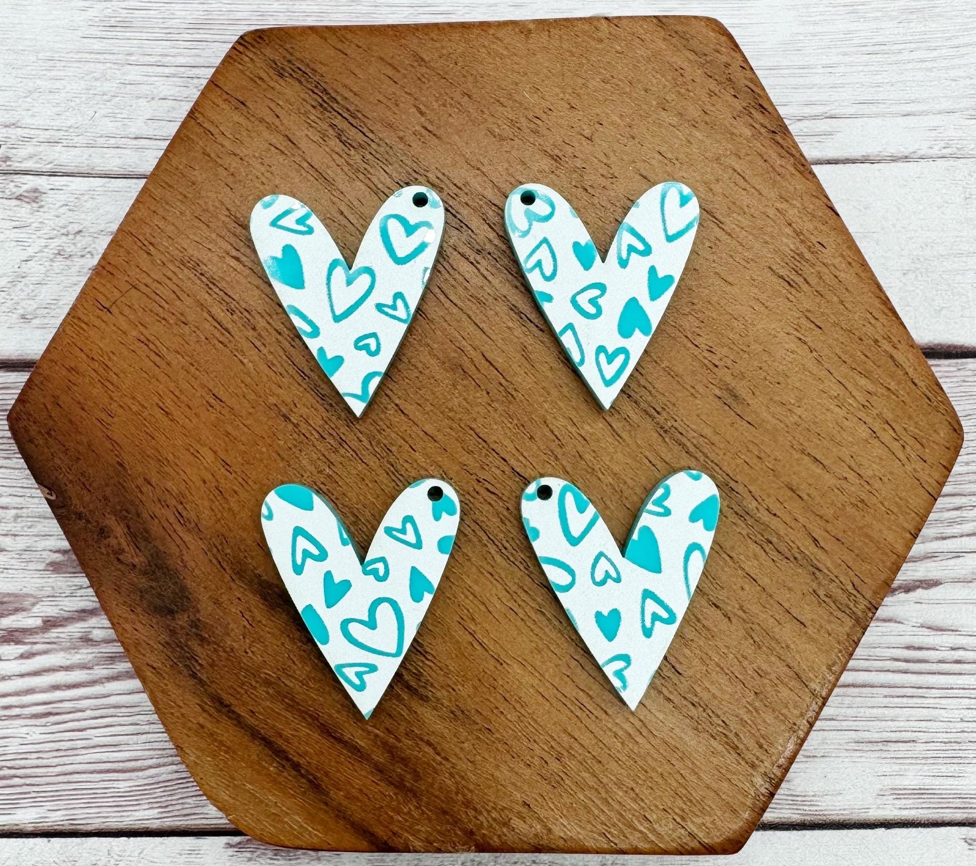 Set of 2 Pair Aqua and White Heart Print Acrylic Dangle Blanks DIY Jewelry Making