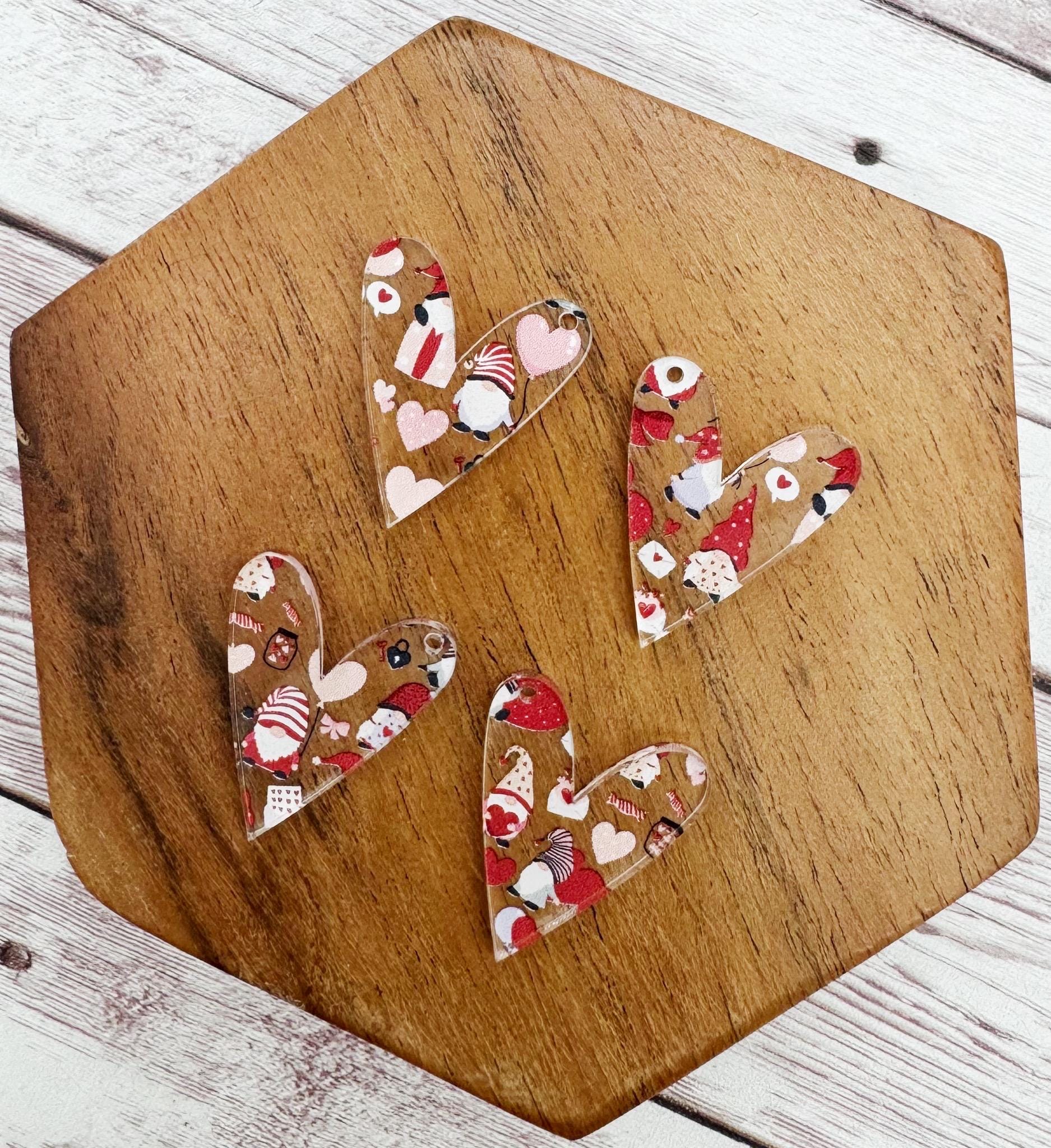 Set of 2 Pair Valentine Gnome Print Acrylic Heart Dangle Blanks DIY Jewelry Making