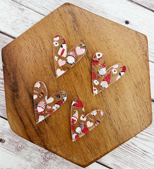 Set of 2 Pair Valentine Gnome Print Acrylic Heart Dangle Blanks DIY Jewelry Making