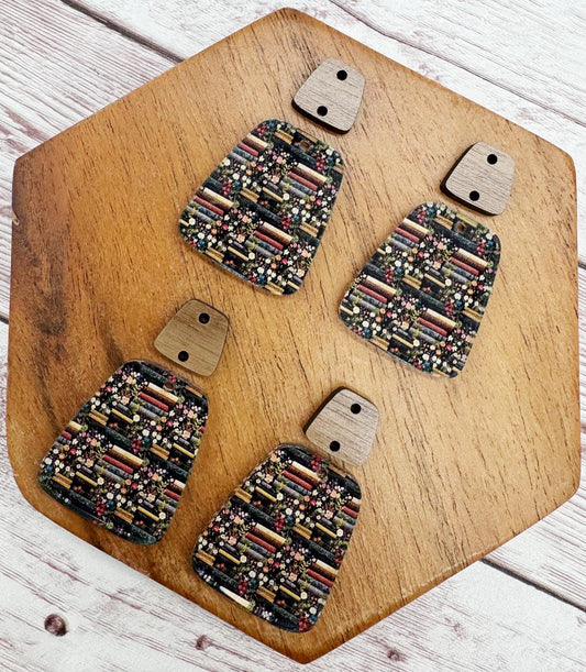 Books and Floral Print Acrylic Trapezoid and Wood Connector Set Reading Earring Blanks, DIY Jewelry Making
