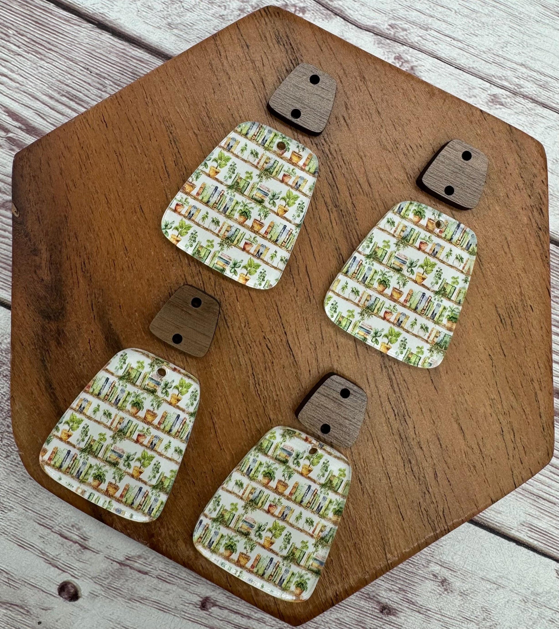 Plants and Book Print Acrylic Trapezoid and Wood Connector Set Reading Earring Blanks, DIY Jewelry Making