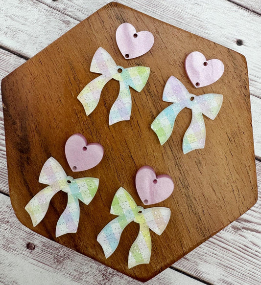 Glitter Pastel Plaid Print Bow and Pink Heart Connector Set Acrylic Earring Blanks, DIY Jewelry Making