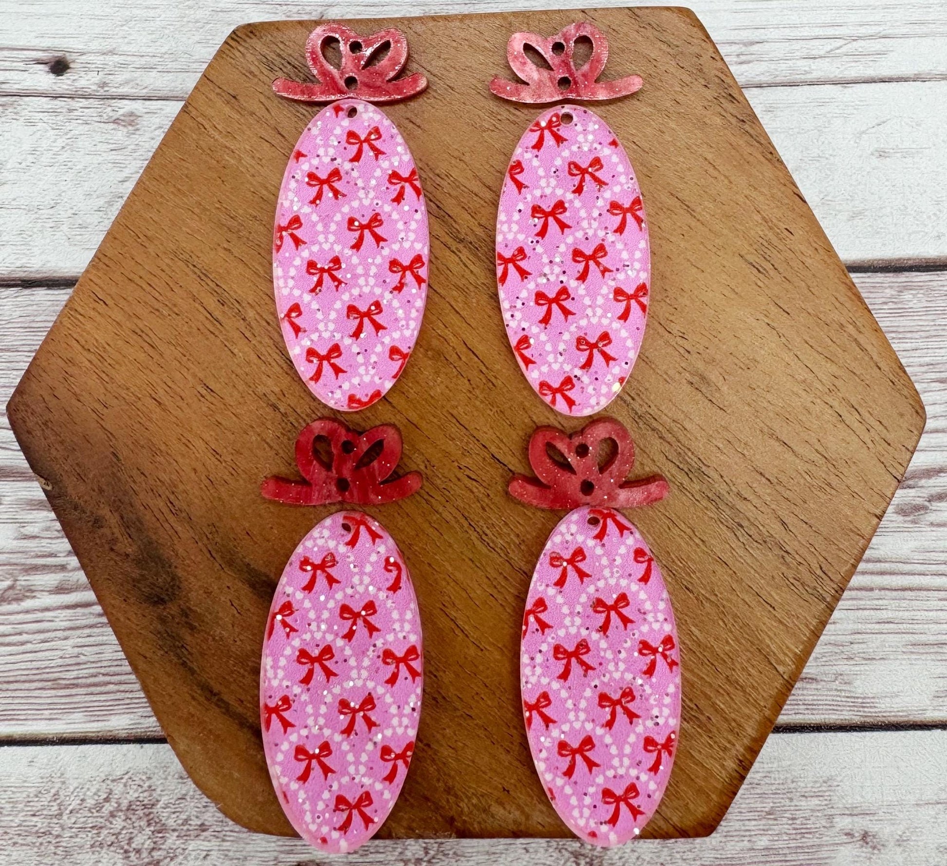 Valentine Glitter Bow Print Oval and Mini Bow Connector Set Acrylic Earring Blanks, DIY Jewelry Making