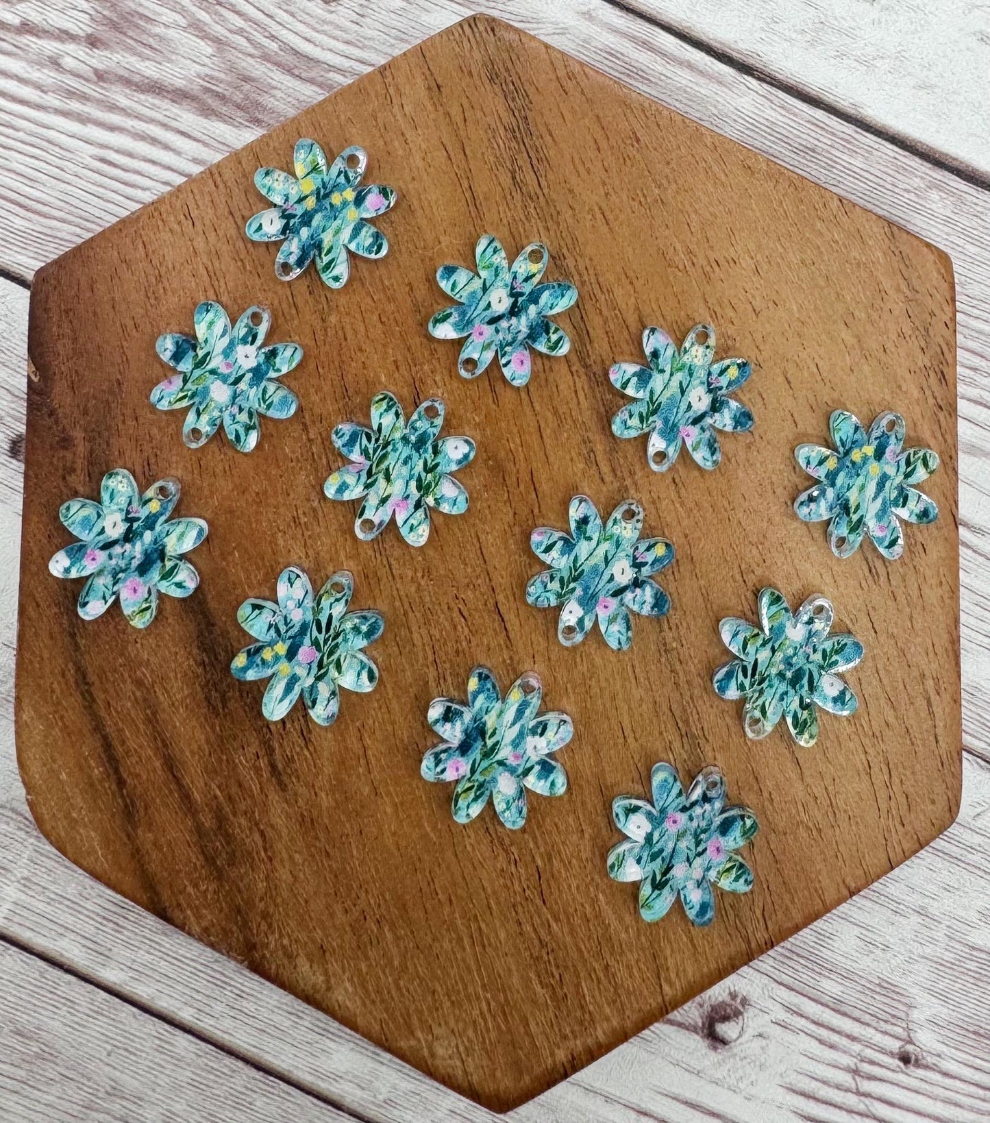 Green, Blue, Pink Floral Print Acrylic Flower Trio Acrylic Earring Blanks, DIY Jewelry Making
