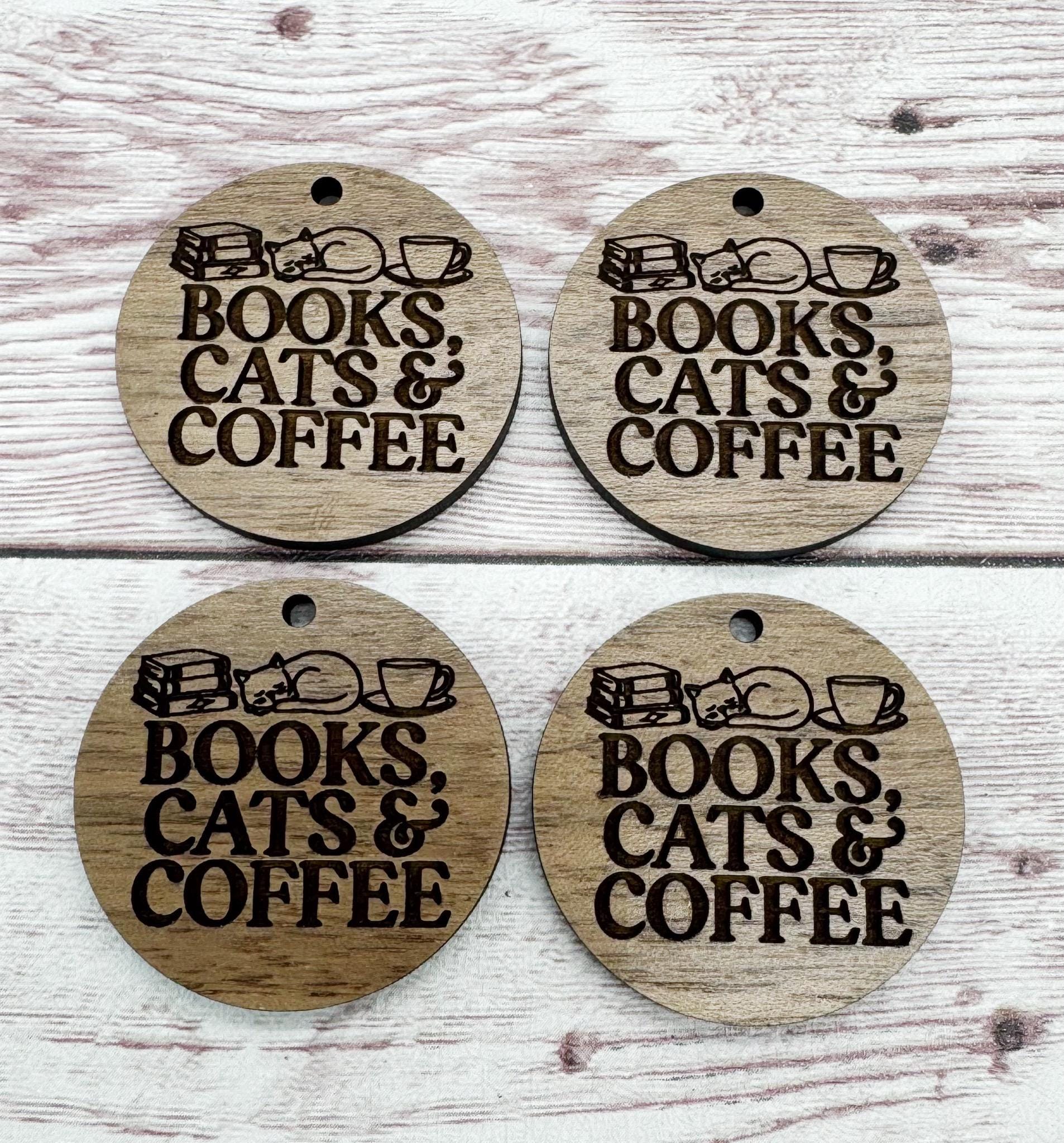Books Cats and Coffee Engraved Wood Earring Blanks, Finished Walnut Blank, DIY Jewelry Making